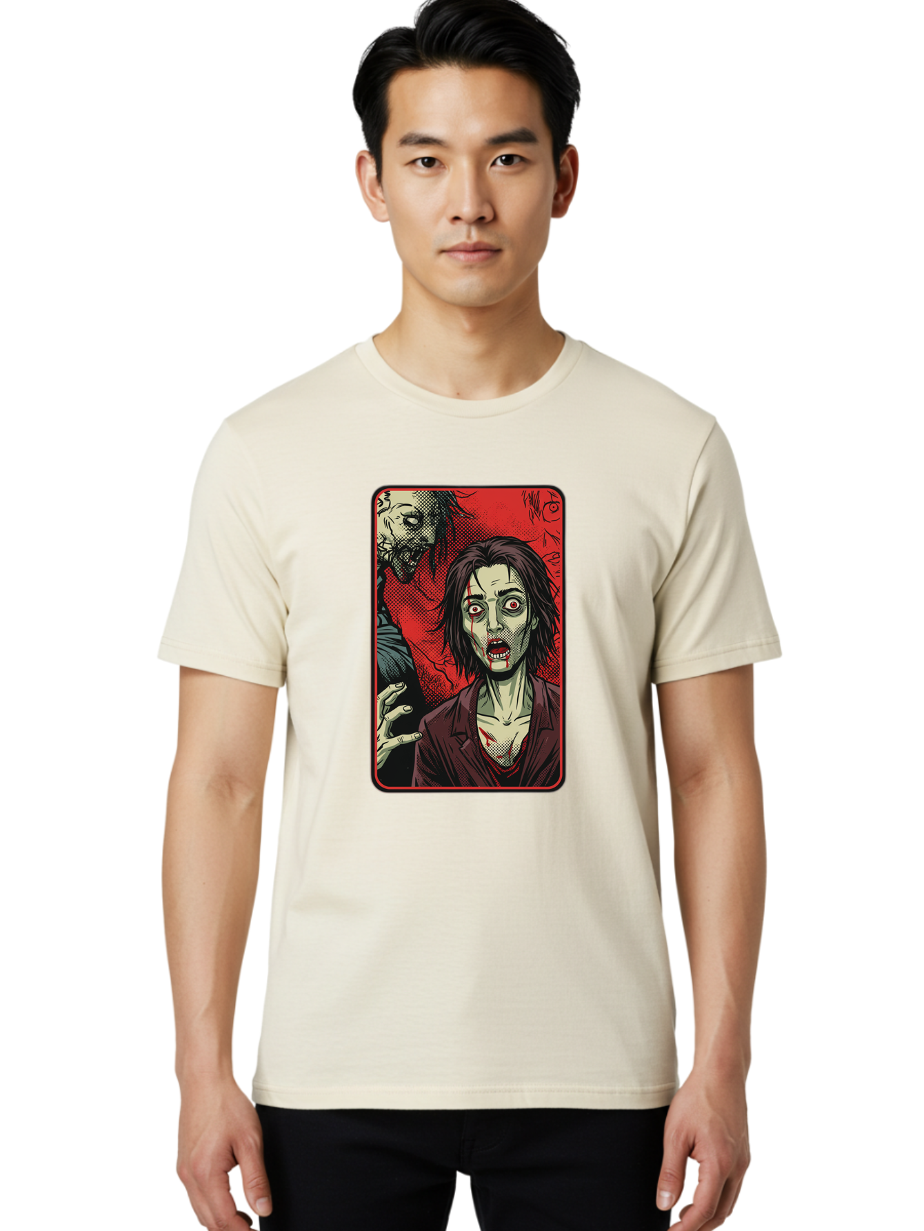 Zombie-Illustration Men'S Graphic Tee, 100% Cotton, Comfortable Casual Summer Wear, Machine Washable, Zombie Outbreak, Undead Creatures, Horror Scene, Post-Apocalyptic Chaos, Terrifying Atmosphere, Dark Fantasy, Red Eyes, Sharp Teeth, Bac570