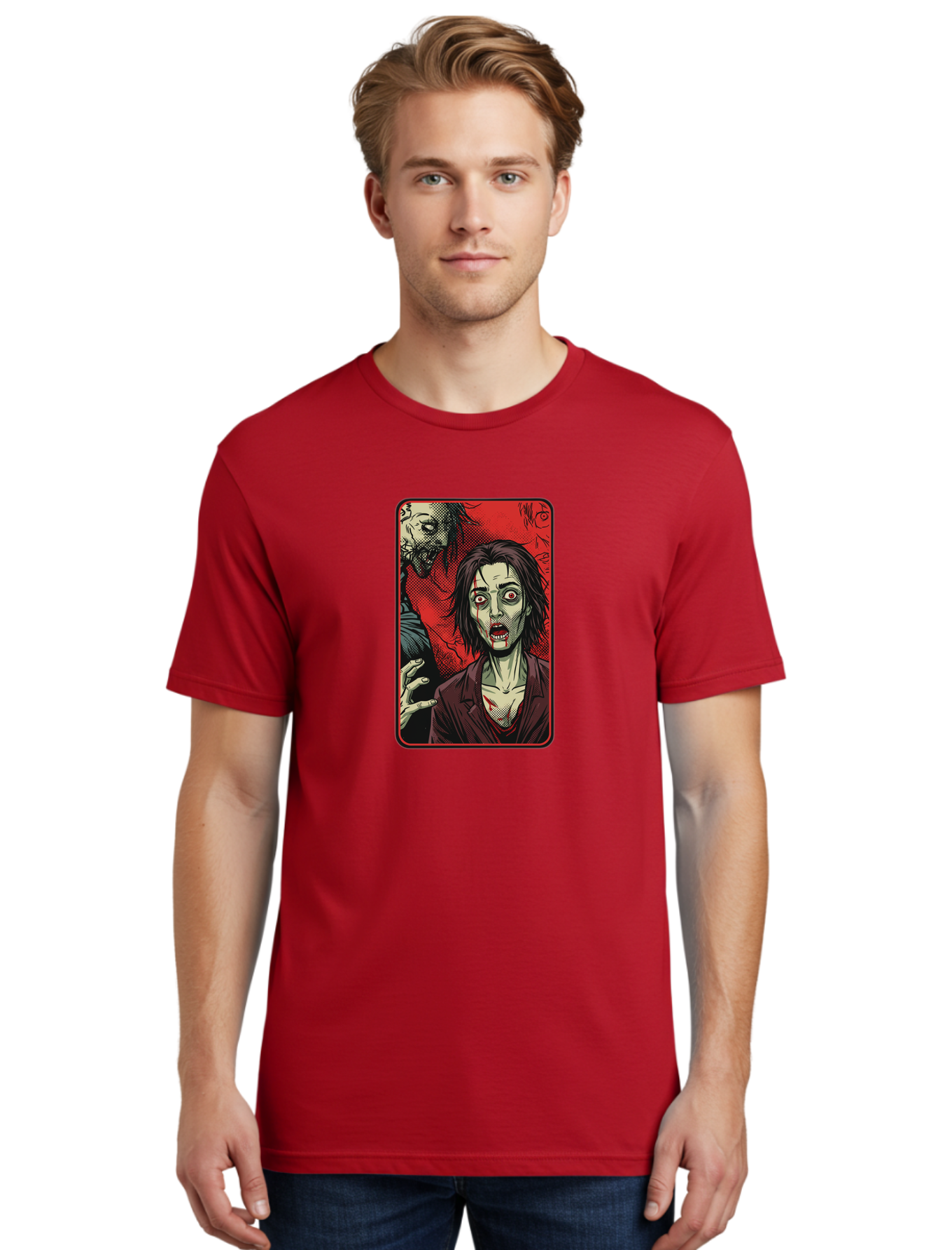 Zombie-Illustration Men'S Graphic Tee, 100% Cotton, Comfortable Casual Summer Wear, Machine Washable, Zombie Outbreak, Undead Creatures, Horror Scene, Post-Apocalyptic Chaos, Terrifying Atmosphere, Dark Fantasy, Red Eyes, Sharp Teeth, Bac570