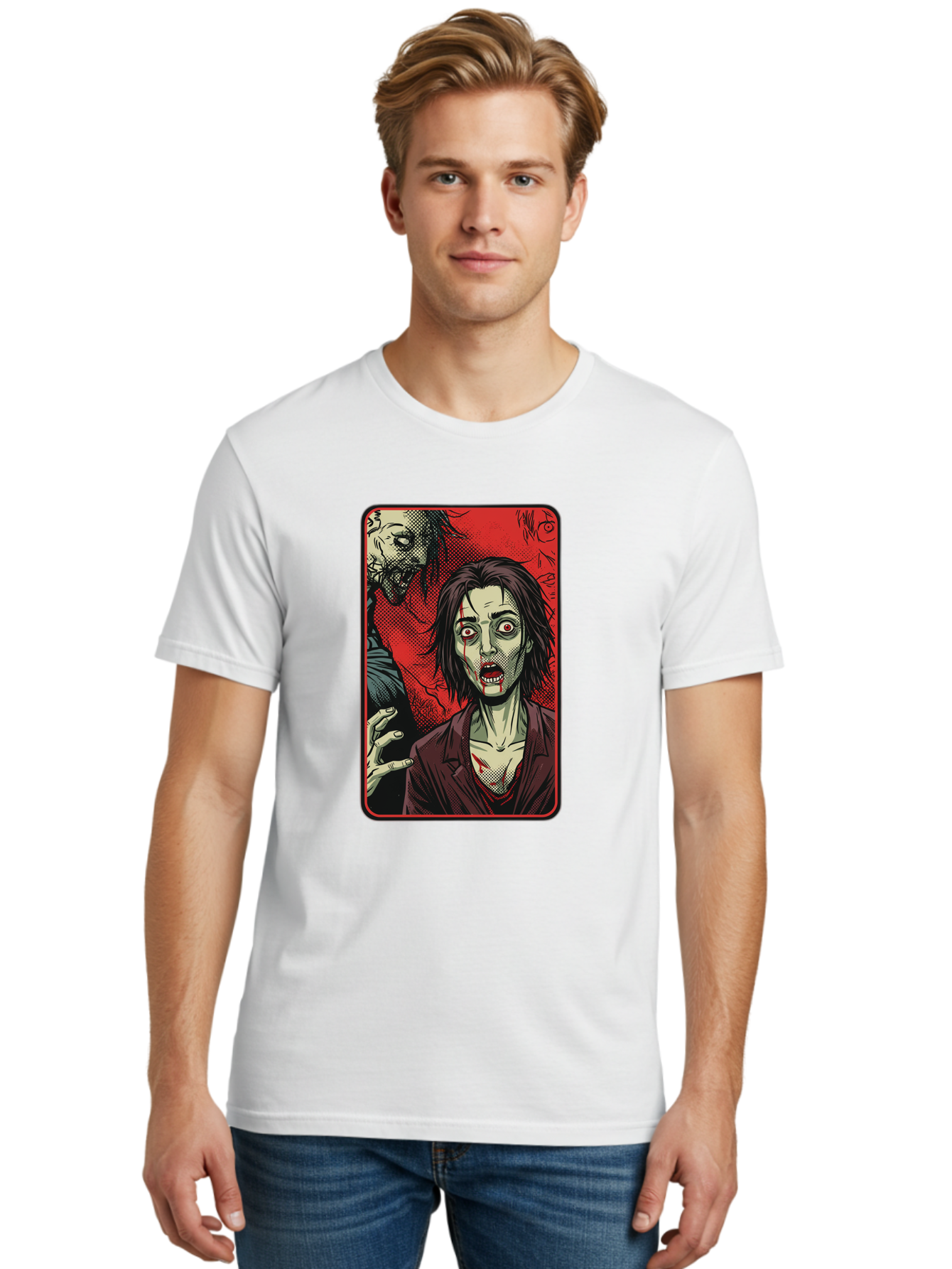 Zombie-Illustration Men'S Graphic Tee, 100% Cotton, Comfortable Casual Summer Wear, Machine Washable, Zombie Outbreak, Undead Creatures, Horror Scene, Post-Apocalyptic Chaos, Terrifying Atmosphere, Dark Fantasy, Red Eyes, Sharp Teeth, Bac570