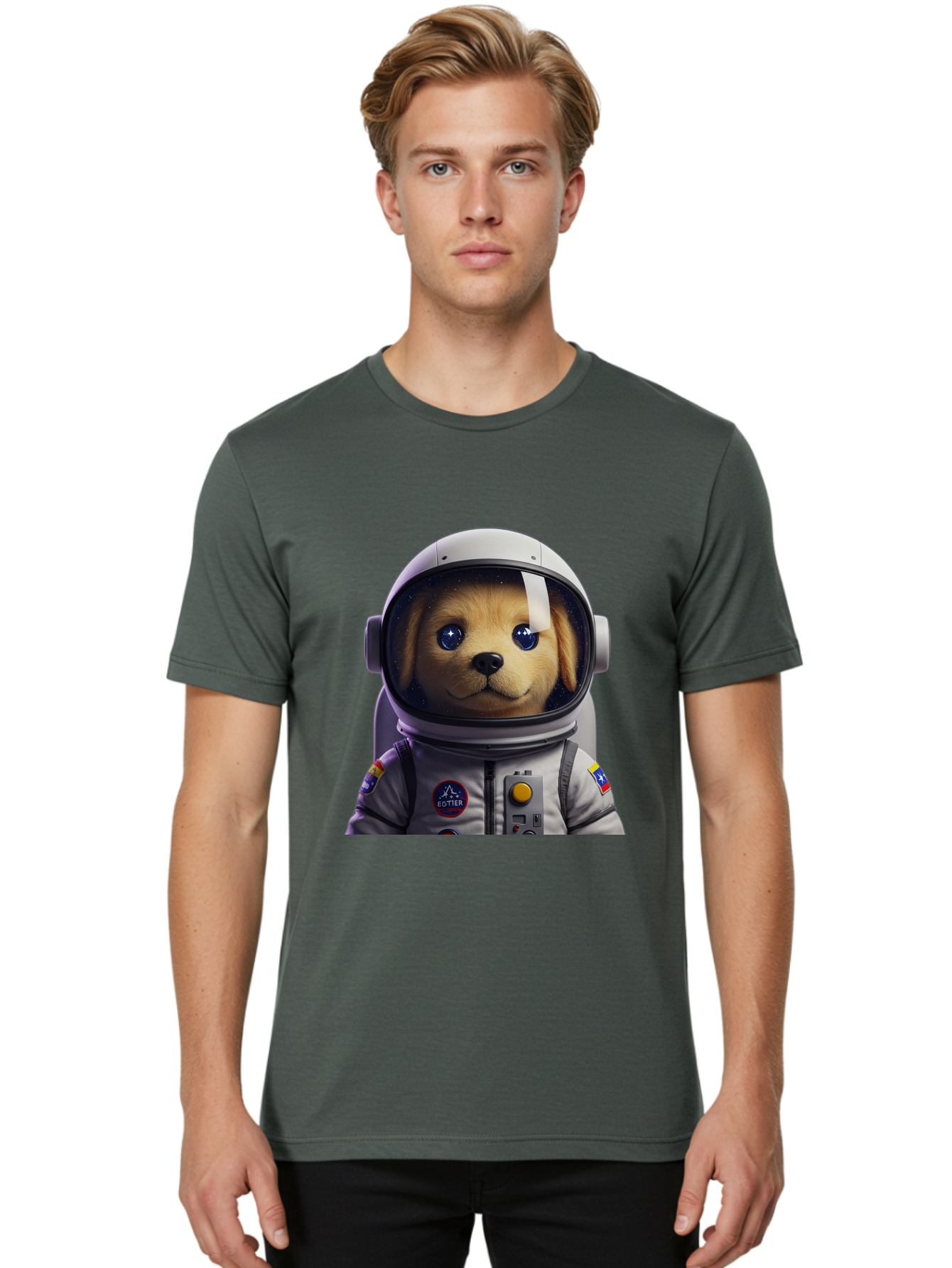 Zotter-Pup-In-Spacesuit Men'S Graphic Tee, 100% Cotton, Comfortable Casual Summer Wear, Machine Washable, Puppy In Space Suit, Dog In Astronaut Helmet, Cotter Logo, Space Exploration, Cute Canine, Futuristic Adventure, Sci-Fi Theme, Bac571