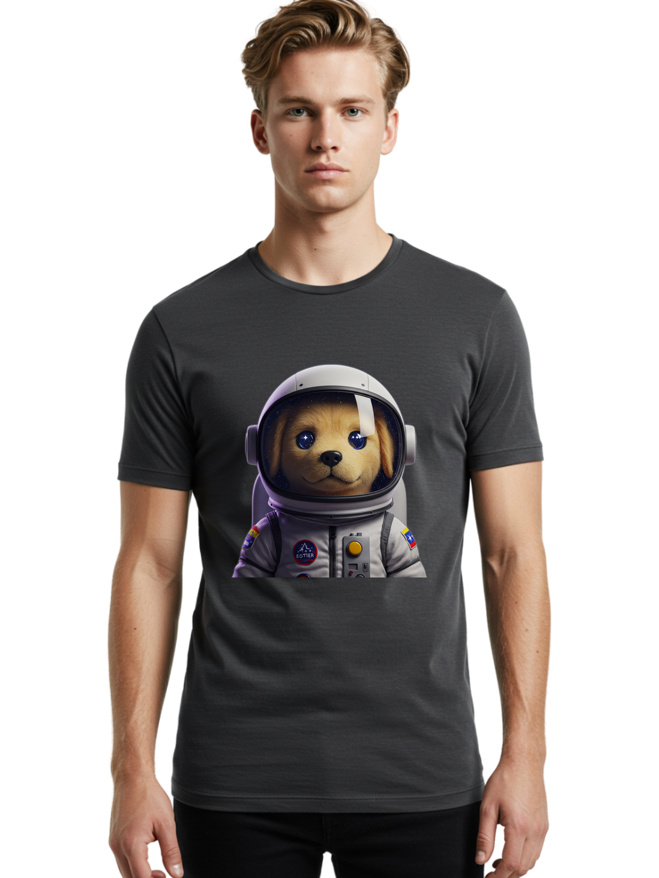 Zotter-Pup-In-Spacesuit Men'S Graphic Tee, 100% Cotton, Comfortable Casual Summer Wear, Machine Washable, Puppy In Space Suit, Dog In Astronaut Helmet, Cotter Logo, Space Exploration, Cute Canine, Futuristic Adventure, Sci-Fi Theme, Bac571