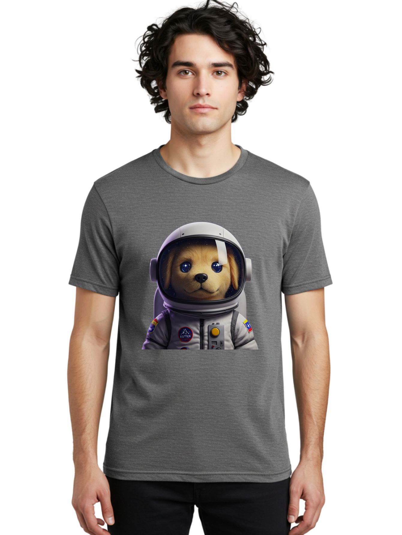 Zotter-Pup-In-Spacesuit Men'S Graphic Tee, 100% Cotton, Comfortable Casual Summer Wear, Machine Washable, Puppy In Space Suit, Dog In Astronaut Helmet, Cotter Logo, Space Exploration, Cute Canine, Futuristic Adventure, Sci-Fi Theme, Bac571