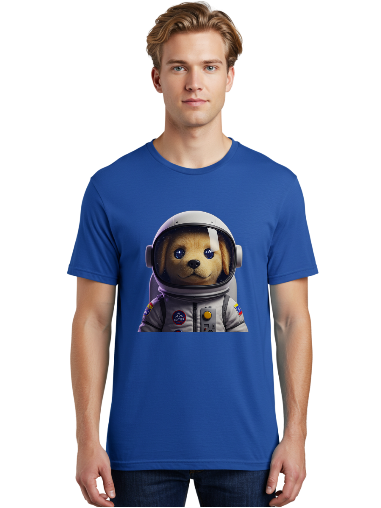 Zotter-Pup-In-Spacesuit Men'S Graphic Tee, 100% Cotton, Comfortable Casual Summer Wear, Machine Washable, Puppy In Space Suit, Dog In Astronaut Helmet, Cotter Logo, Space Exploration, Cute Canine, Futuristic Adventure, Sci-Fi Theme, Bac571