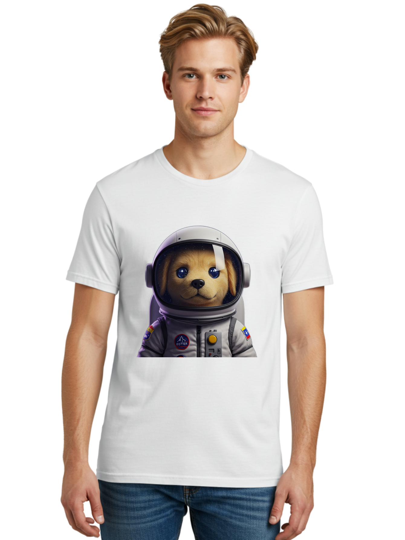 Zotter-Pup-In-Spacesuit Men'S Graphic Tee, 100% Cotton, Comfortable Casual Summer Wear, Machine Washable, Puppy In Space Suit, Dog In Astronaut Helmet, Cotter Logo, Space Exploration, Cute Canine, Futuristic Adventure, Sci-Fi Theme, Bac571