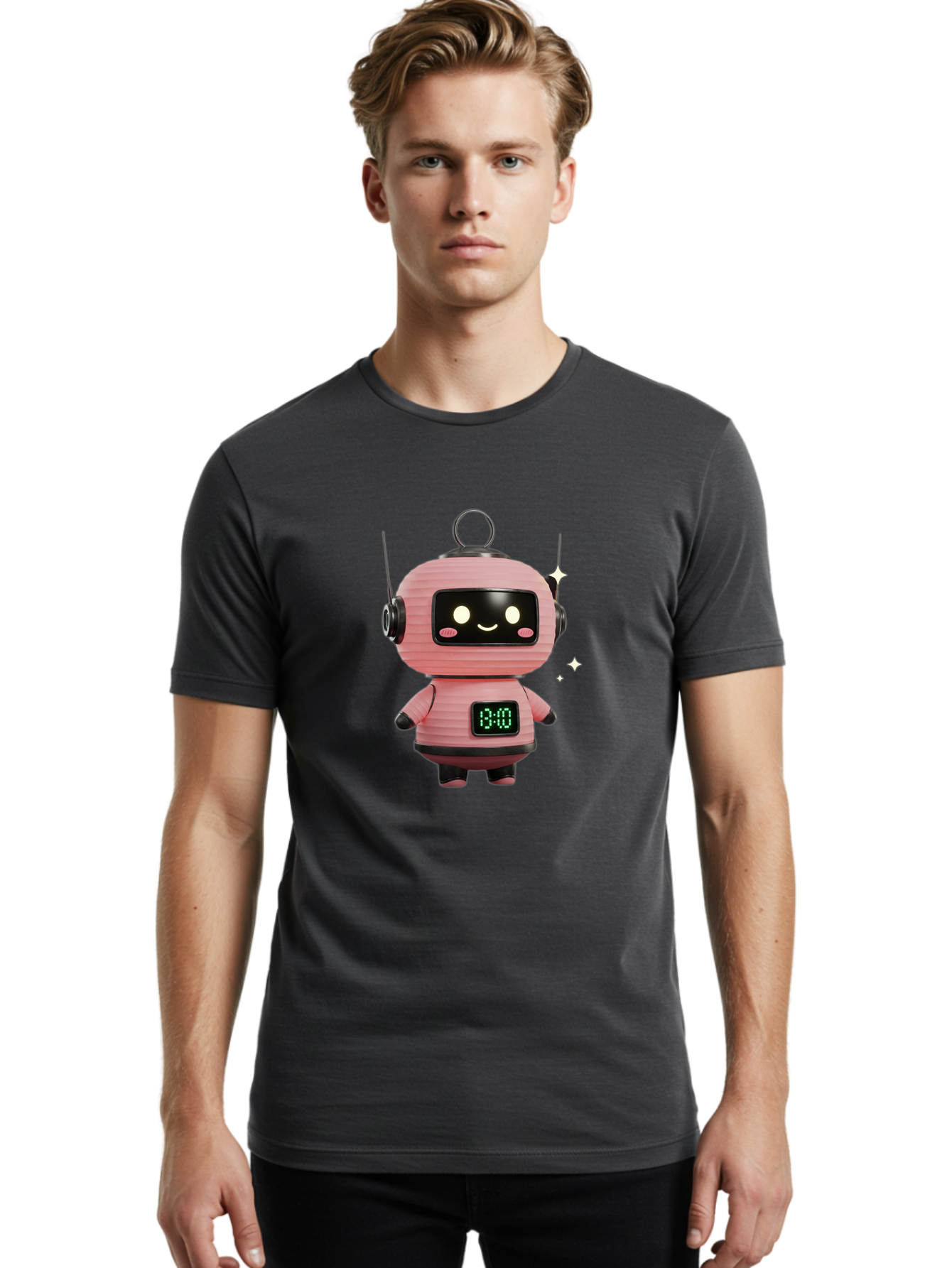 13-00-Robot Men'S Graphic Tee, 100% Cotton, Comfortable Casual Summer Wear, Machine Washable, Cartoon Robot With Clock, Digital Time Display, 13:00, Futuristic Design, Robot Character, Alarm Clock, Kawaii Style, Robot Technology, Bac572