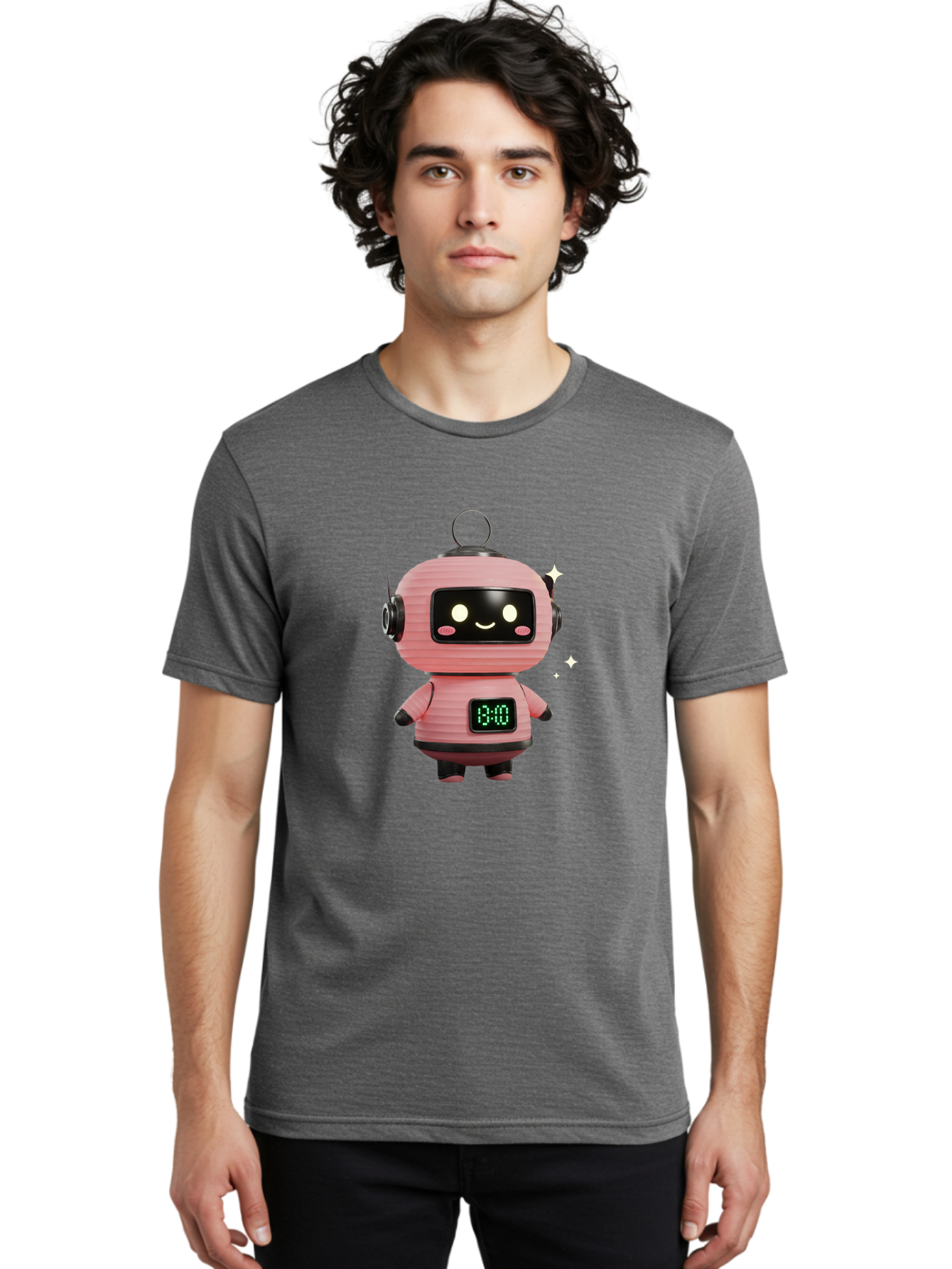 13-00-Robot Men'S Graphic Tee, 100% Cotton, Comfortable Casual Summer Wear, Machine Washable, Cartoon Robot With Clock, Digital Time Display, 13:00, Futuristic Design, Robot Character, Alarm Clock, Kawaii Style, Robot Technology, Bac572