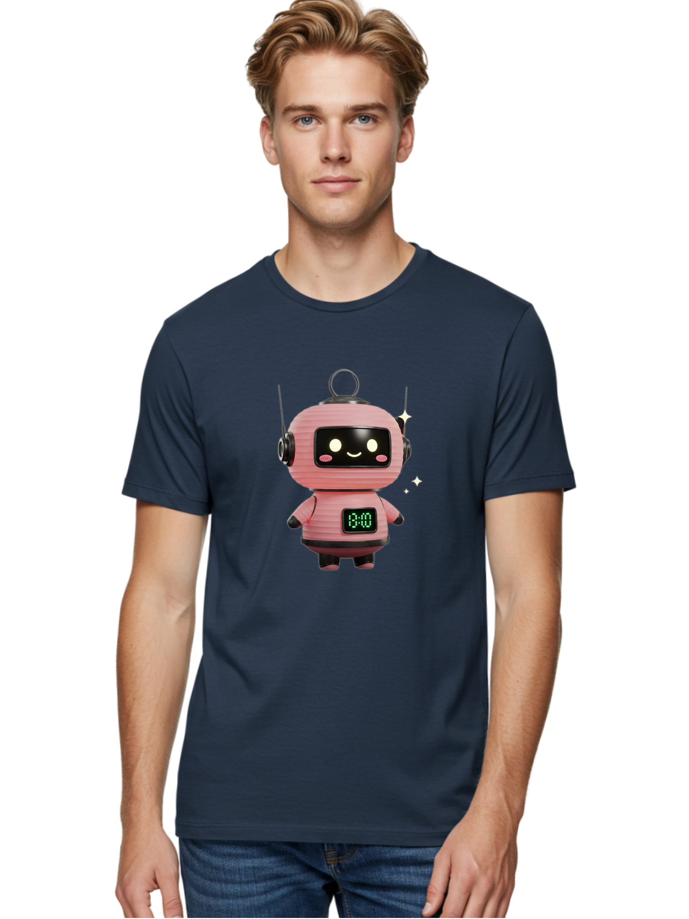 13-00-Robot Men'S Graphic Tee, 100% Cotton, Comfortable Casual Summer Wear, Machine Washable, Cartoon Robot With Clock, Digital Time Display, 13:00, Futuristic Design, Robot Character, Alarm Clock, Kawaii Style, Robot Technology, Bac572