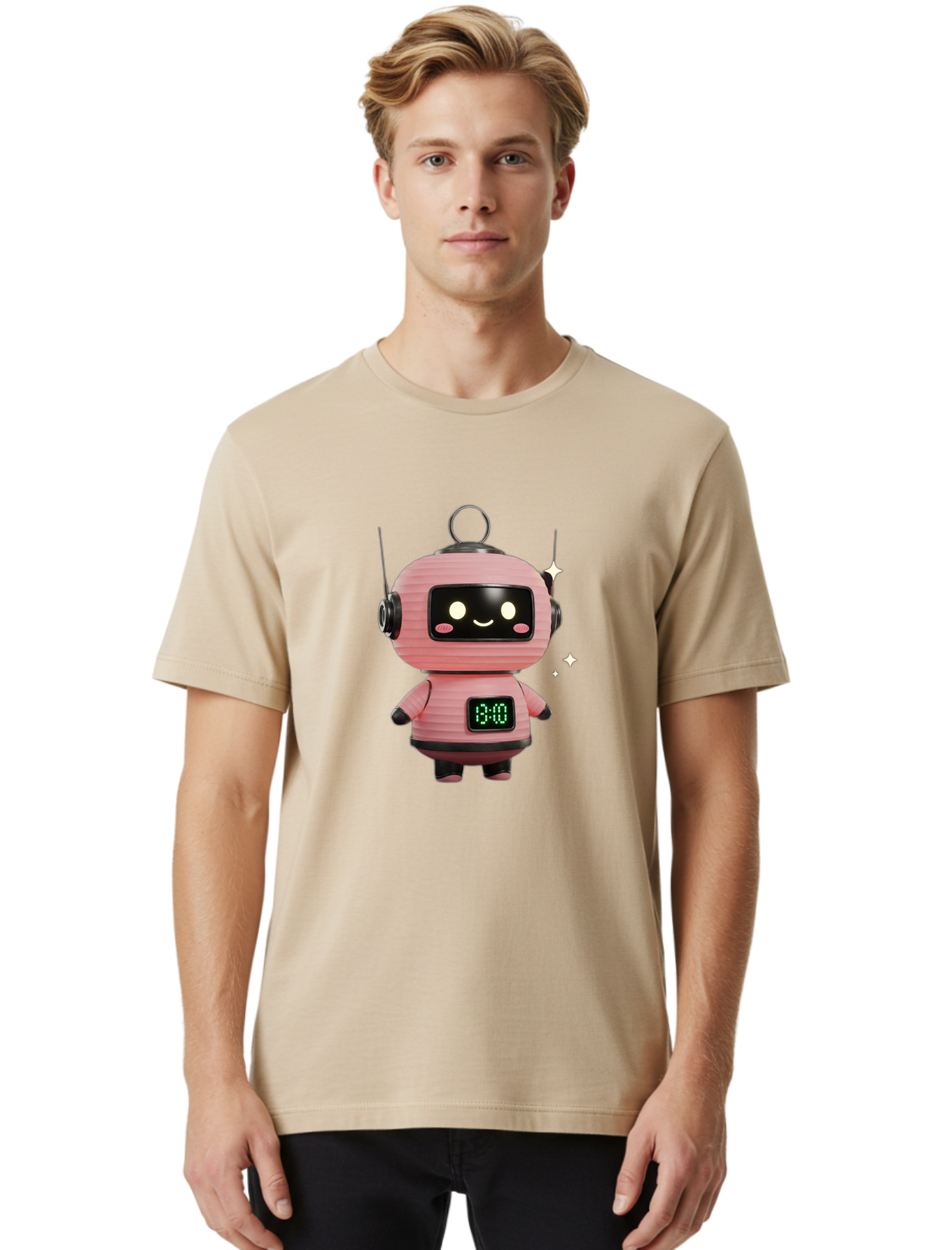 13-00-Robot Men'S Graphic Tee, 100% Cotton, Comfortable Casual Summer Wear, Machine Washable, Cartoon Robot With Clock, Digital Time Display, 13:00, Futuristic Design, Robot Character, Alarm Clock, Kawaii Style, Robot Technology, Bac572