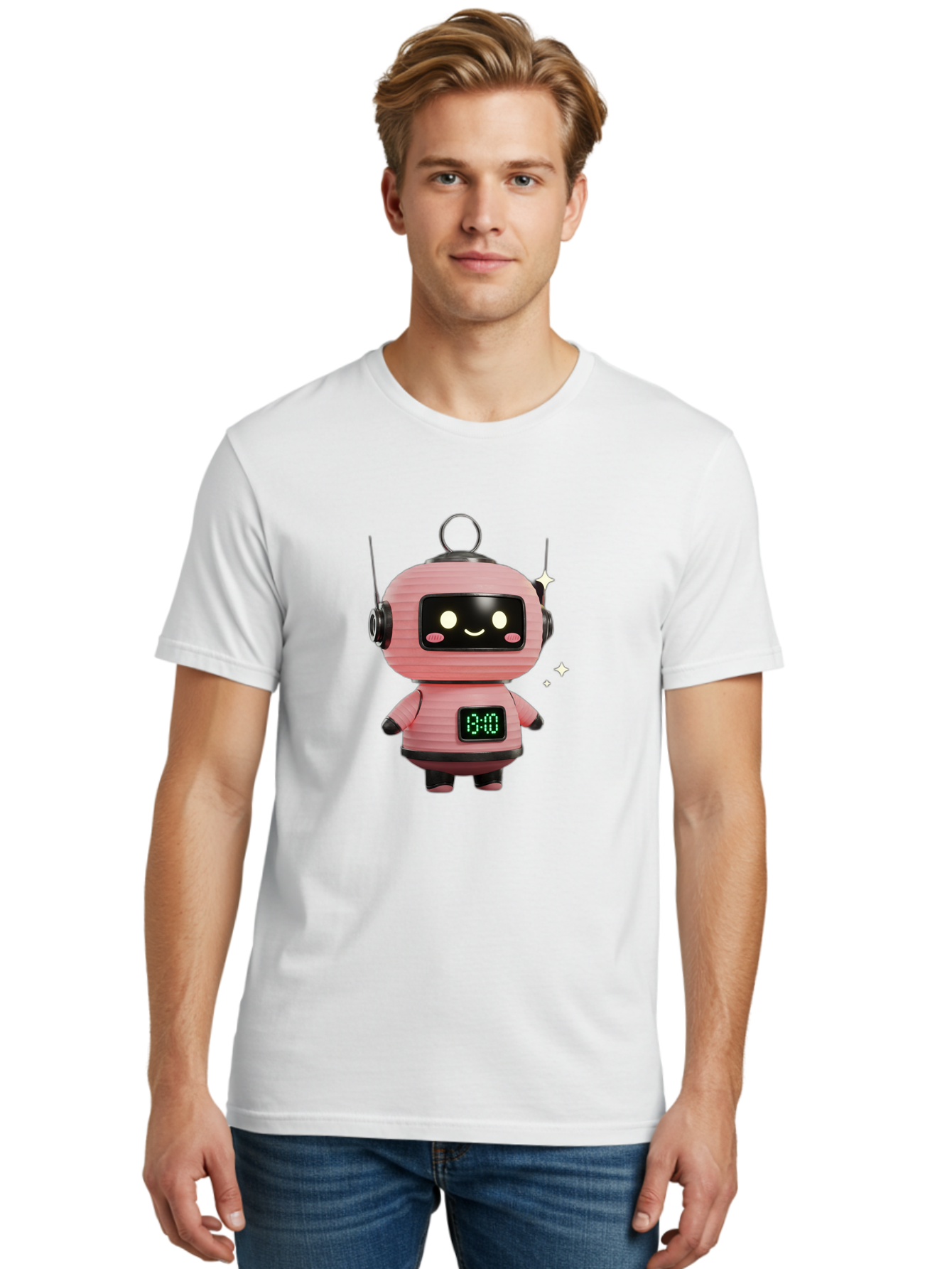 13-00-Robot Men'S Graphic Tee, 100% Cotton, Comfortable Casual Summer Wear, Machine Washable, Cartoon Robot With Clock, Digital Time Display, 13:00, Futuristic Design, Robot Character, Alarm Clock, Kawaii Style, Robot Technology, Bac572