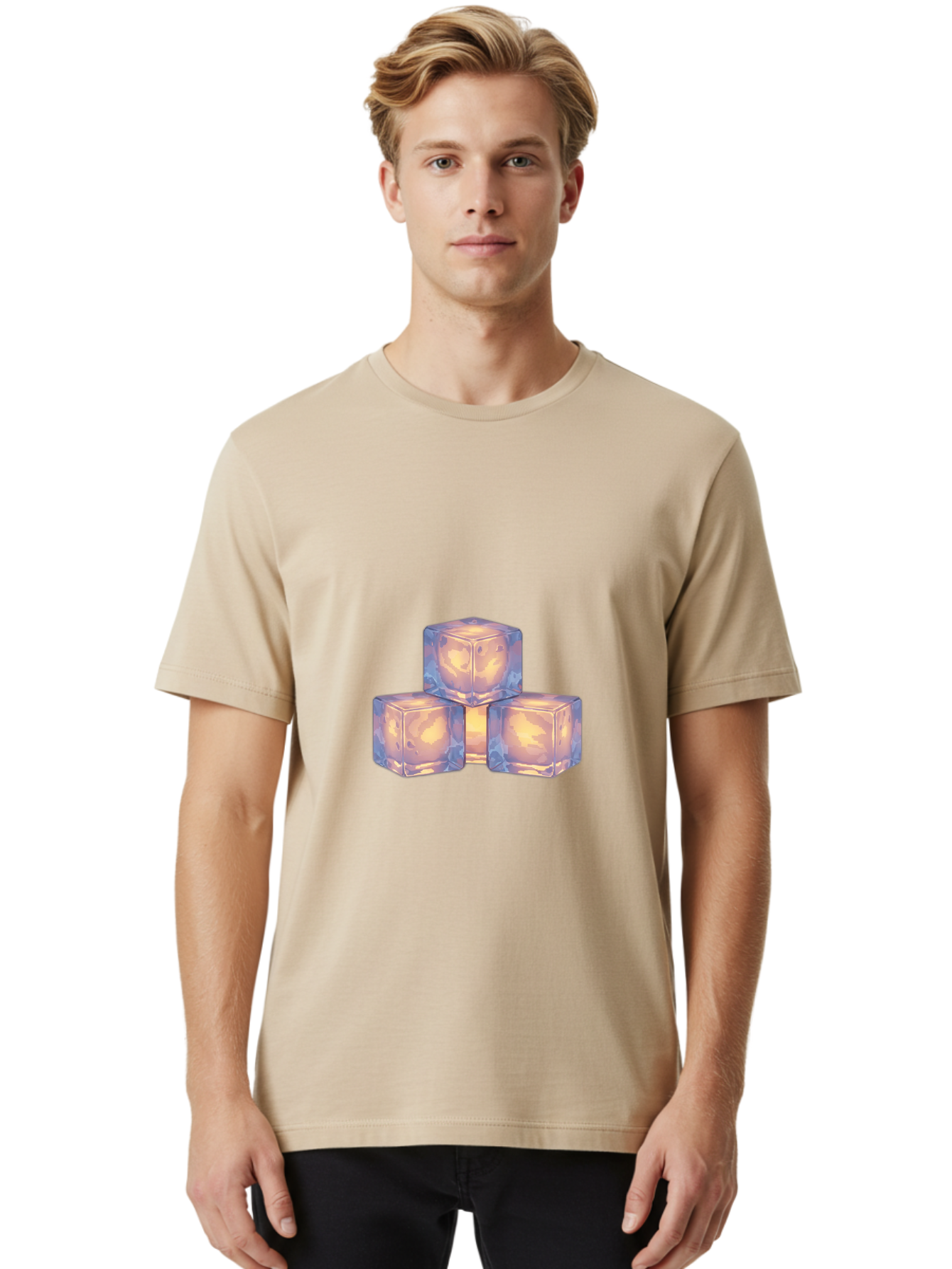 3-Ice-Cubes Men'S Graphic Tee, 100% Cotton, Comfortable Casual Summer Wear, Machine Washable, Ice Cubes, Crystal Clear Ice, Refreshing Drink, Cold Beverage, Melting Ice, Cube Shape, Transparent Ice, Frozen Water, Glassy Texture, Icy Appearance Bac573