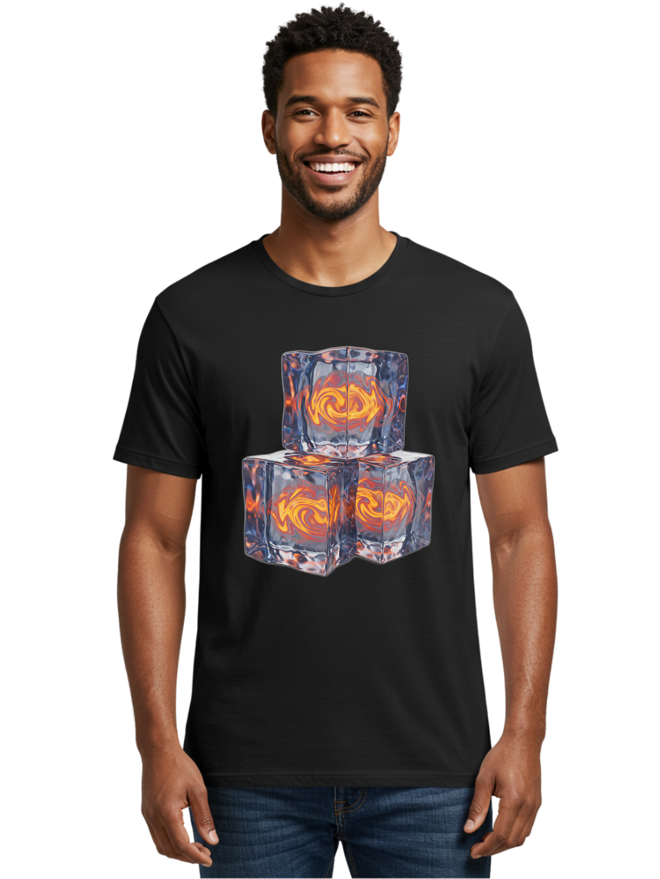 3D-Glass-Cubes Men'S Graphic Tee, 100% Cotton, Comfortable Casual Summer Wear, Machine Washable, Lava Ice, Orange Swirls, Red Molten, Glassy Texture, Reflective Surfaces, Abstract Design, Cube Shape, Fiery Patterns, Cool Contrast Bac574