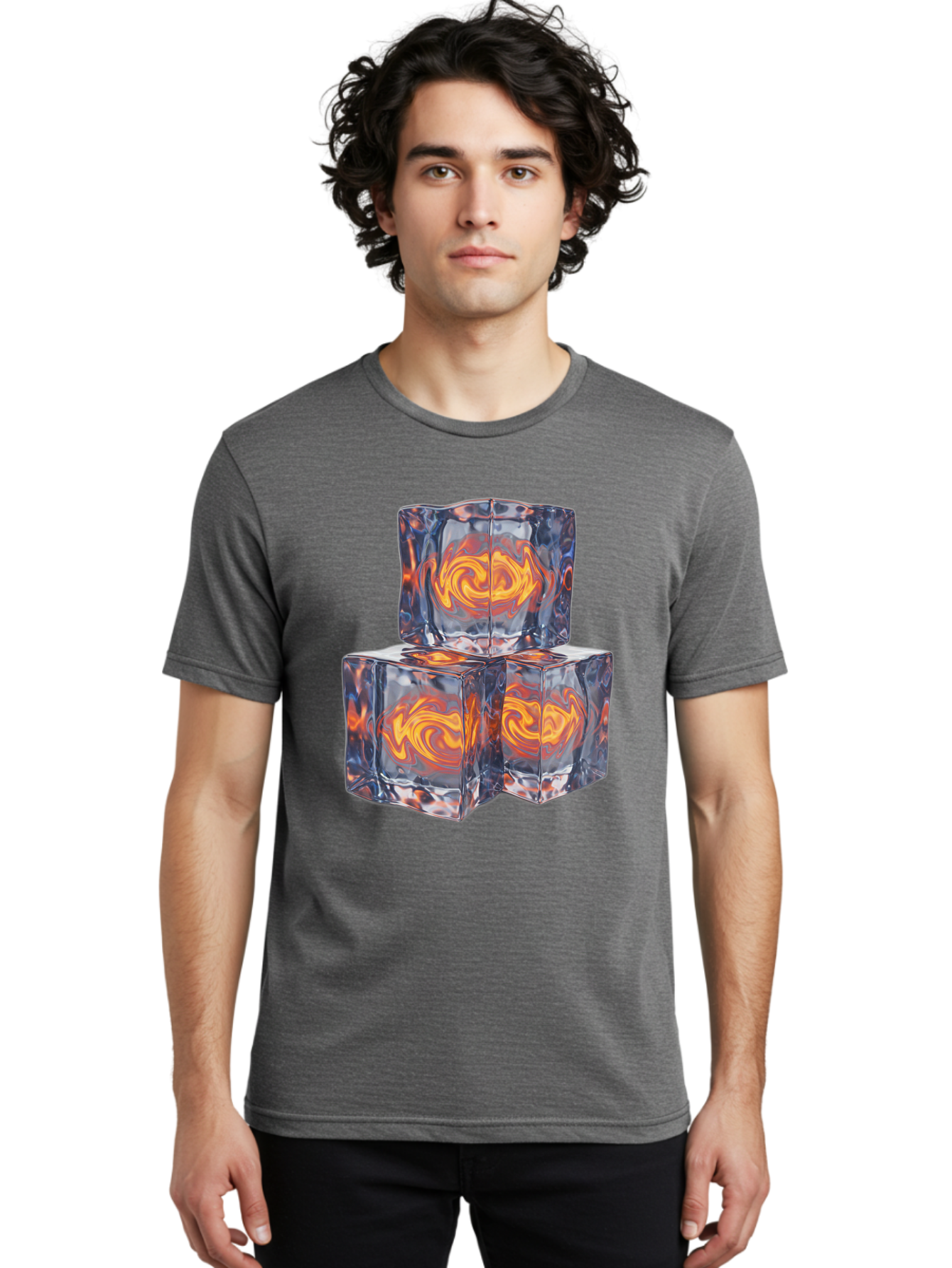 3D-Glass-Cubes Men'S Graphic Tee, 100% Cotton, Comfortable Casual Summer Wear, Machine Washable, Lava Ice, Orange Swirls, Red Molten, Glassy Texture, Reflective Surfaces, Abstract Design, Cube Shape, Fiery Patterns, Cool Contrast Bac574