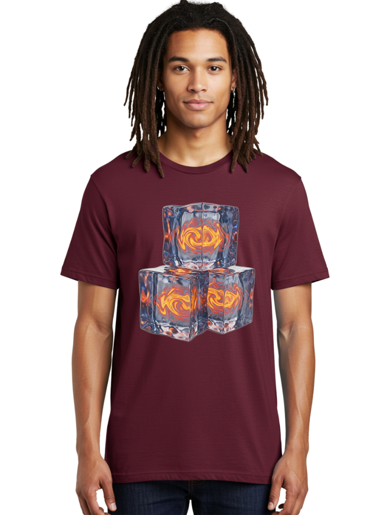 3D-Glass-Cubes Men'S Graphic Tee, 100% Cotton, Comfortable Casual Summer Wear, Machine Washable, Lava Ice, Orange Swirls, Red Molten, Glassy Texture, Reflective Surfaces, Abstract Design, Cube Shape, Fiery Patterns, Cool Contrast Bac574