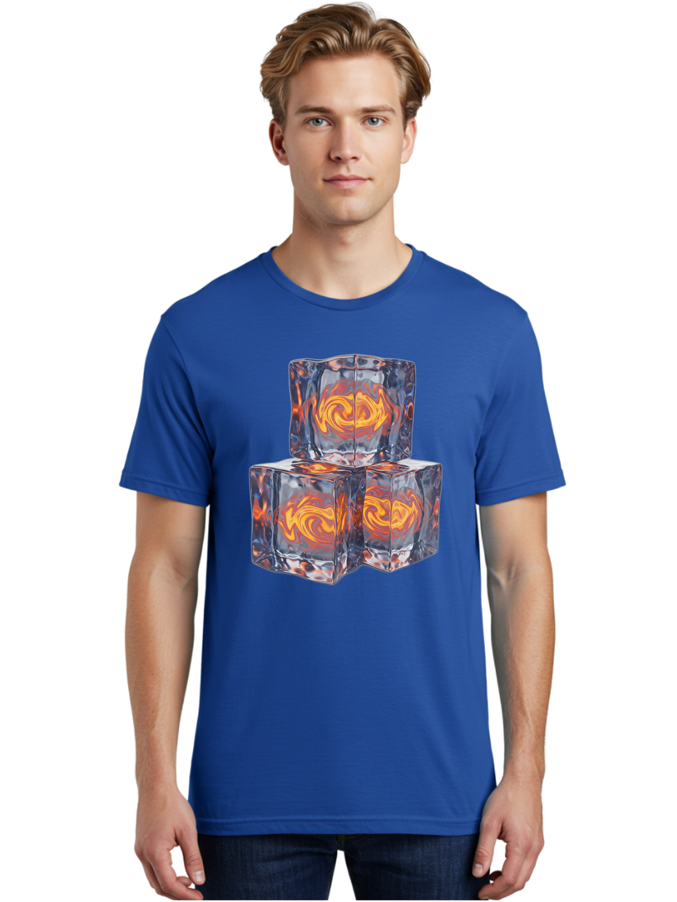 3D-Glass-Cubes Men'S Graphic Tee, 100% Cotton, Comfortable Casual Summer Wear, Machine Washable, Lava Ice, Orange Swirls, Red Molten, Glassy Texture, Reflective Surfaces, Abstract Design, Cube Shape, Fiery Patterns, Cool Contrast Bac574