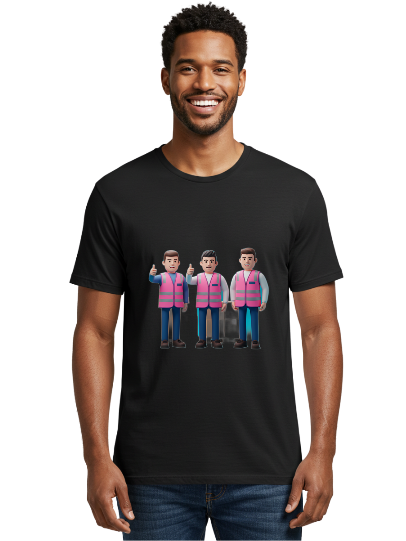 3D-Men-In-Safety-Vests Men'S Graphic Tee, 100% Cotton, Comfortable Casual Summer Wear, Machine Washable, Male Workers Wearing Pink Safety Vests, Construction Workers, 3D Illustration, Thumbs Up, Teamwork, Occupational Safety, Reflective Vests Bac575