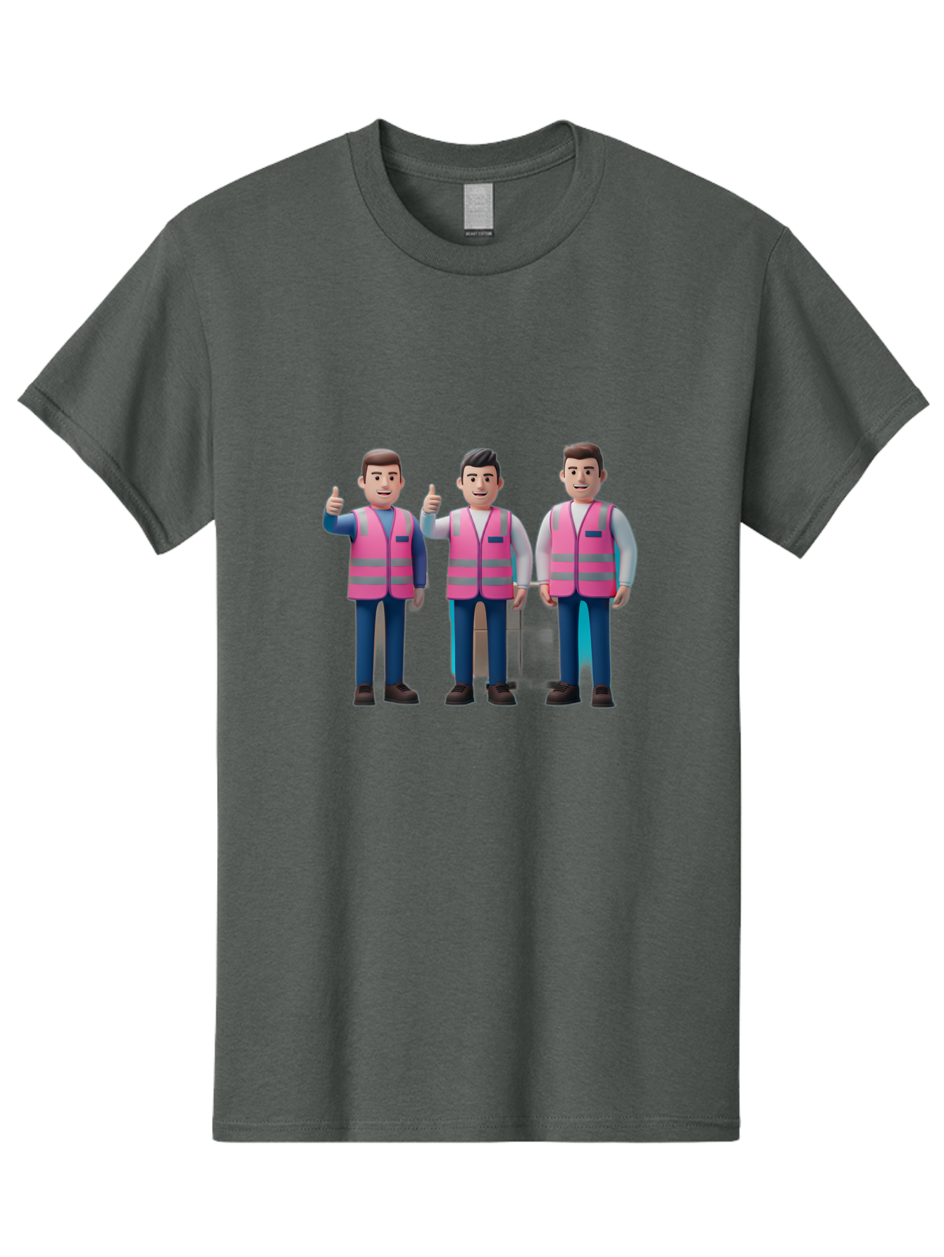 3D-Men-In-Safety-Vests Men'S Graphic Tee, 100% Cotton, Comfortable Casual Summer Wear, Machine Washable, Male Workers Wearing Pink Safety Vests, Construction Workers, 3D Illustration, Thumbs Up, Teamwork, Occupational Safety, Reflective Vests Bac575