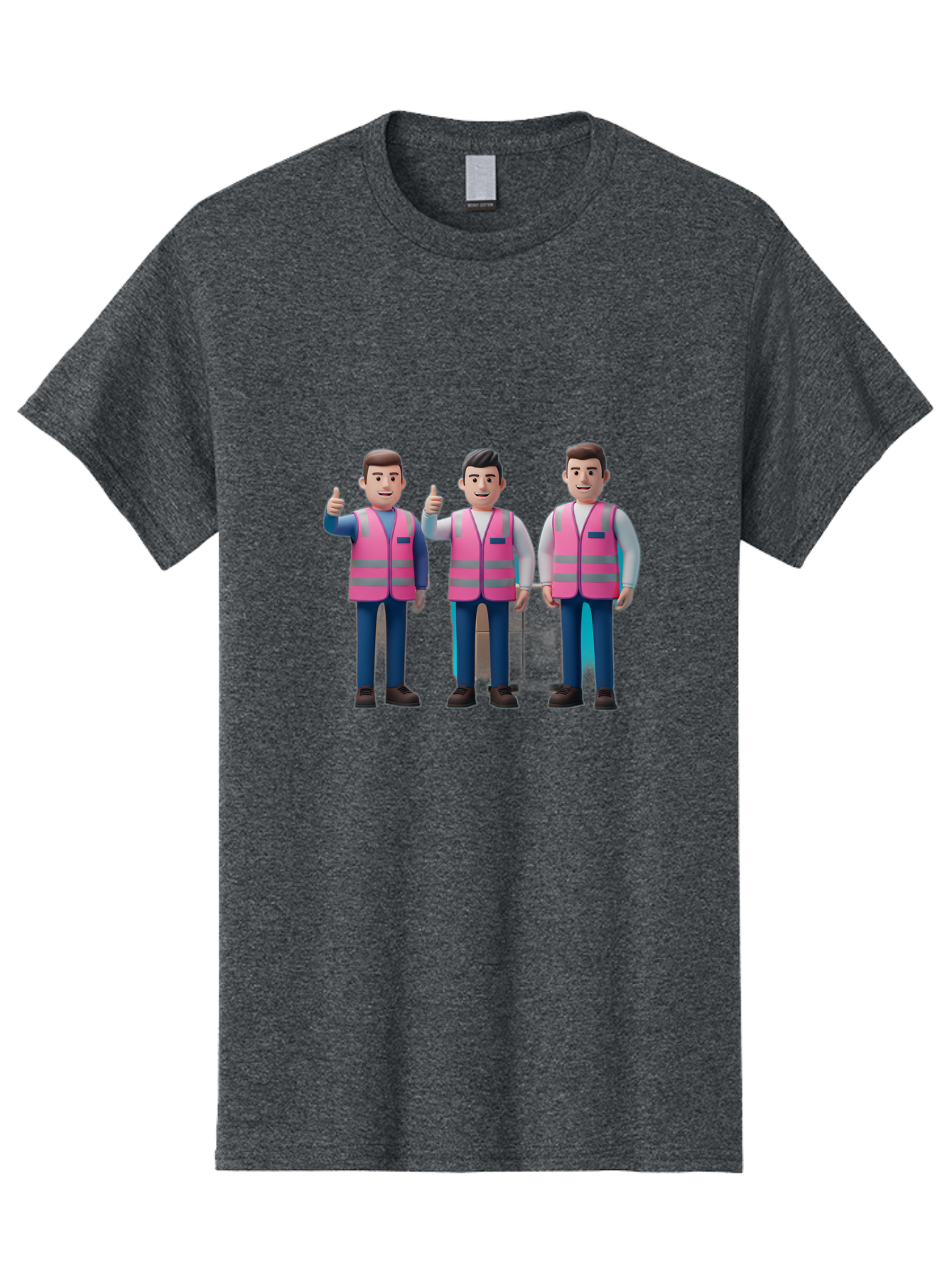 3D-Men-In-Safety-Vests Men'S Graphic Tee, 100% Cotton, Comfortable Casual Summer Wear, Machine Washable, Male Workers Wearing Pink Safety Vests, Construction Workers, 3D Illustration, Thumbs Up, Teamwork, Occupational Safety, Reflective Vests Bac575