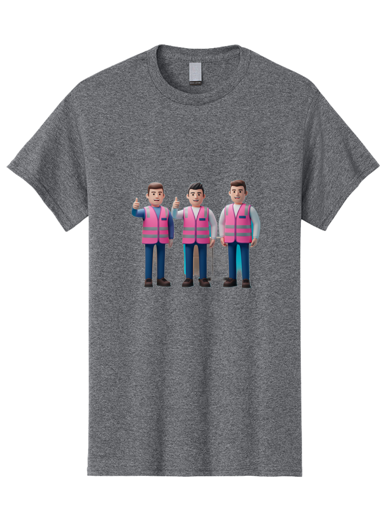 3D-Men-In-Safety-Vests Men'S Graphic Tee, 100% Cotton, Comfortable Casual Summer Wear, Machine Washable, Male Workers Wearing Pink Safety Vests, Construction Workers, 3D Illustration, Thumbs Up, Teamwork, Occupational Safety, Reflective Vests Bac575