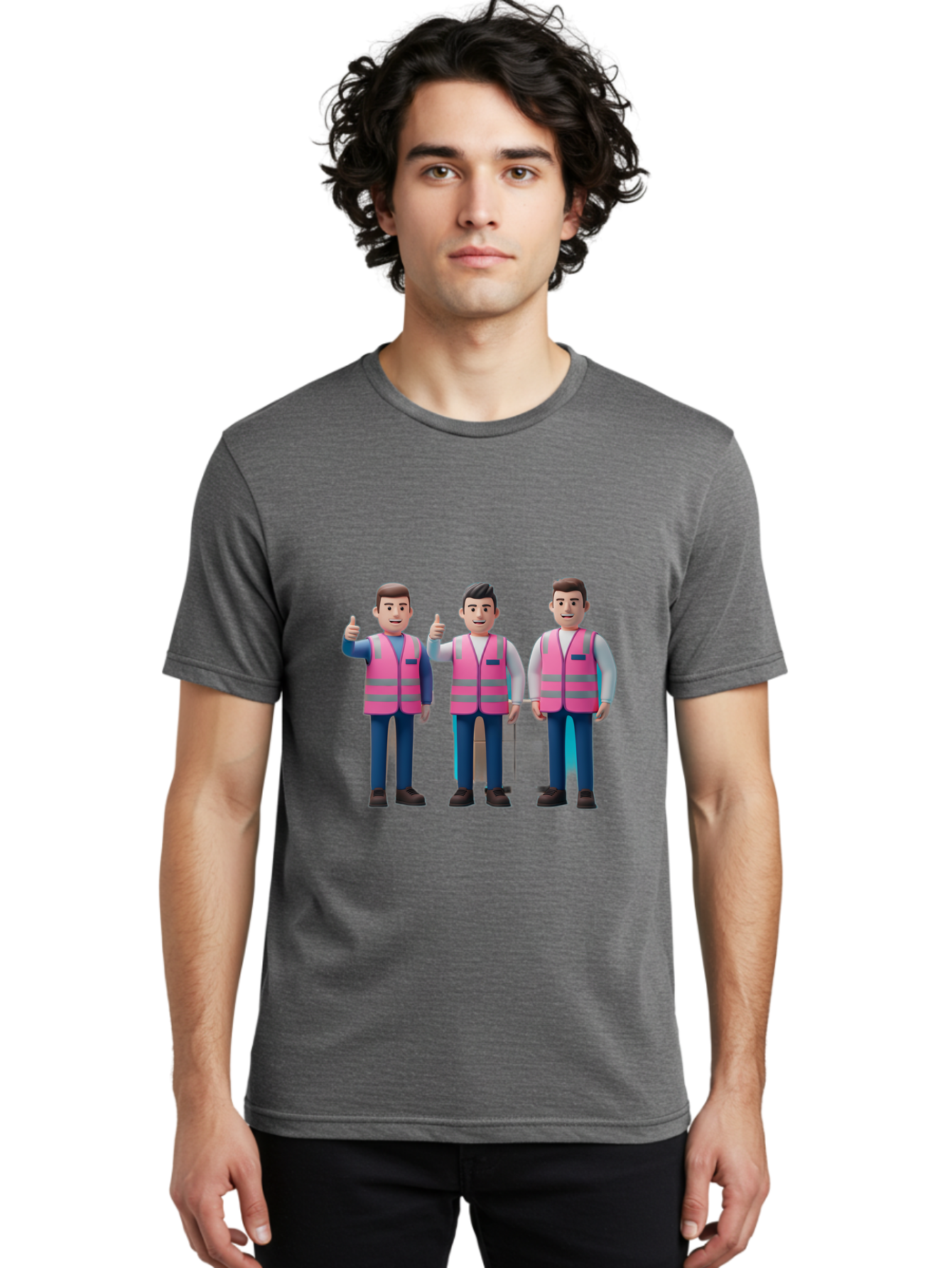 3D-Men-In-Safety-Vests Men'S Graphic Tee, 100% Cotton, Comfortable Casual Summer Wear, Machine Washable, Male Workers Wearing Pink Safety Vests, Construction Workers, 3D Illustration, Thumbs Up, Teamwork, Occupational Safety, Reflective Vests Bac575