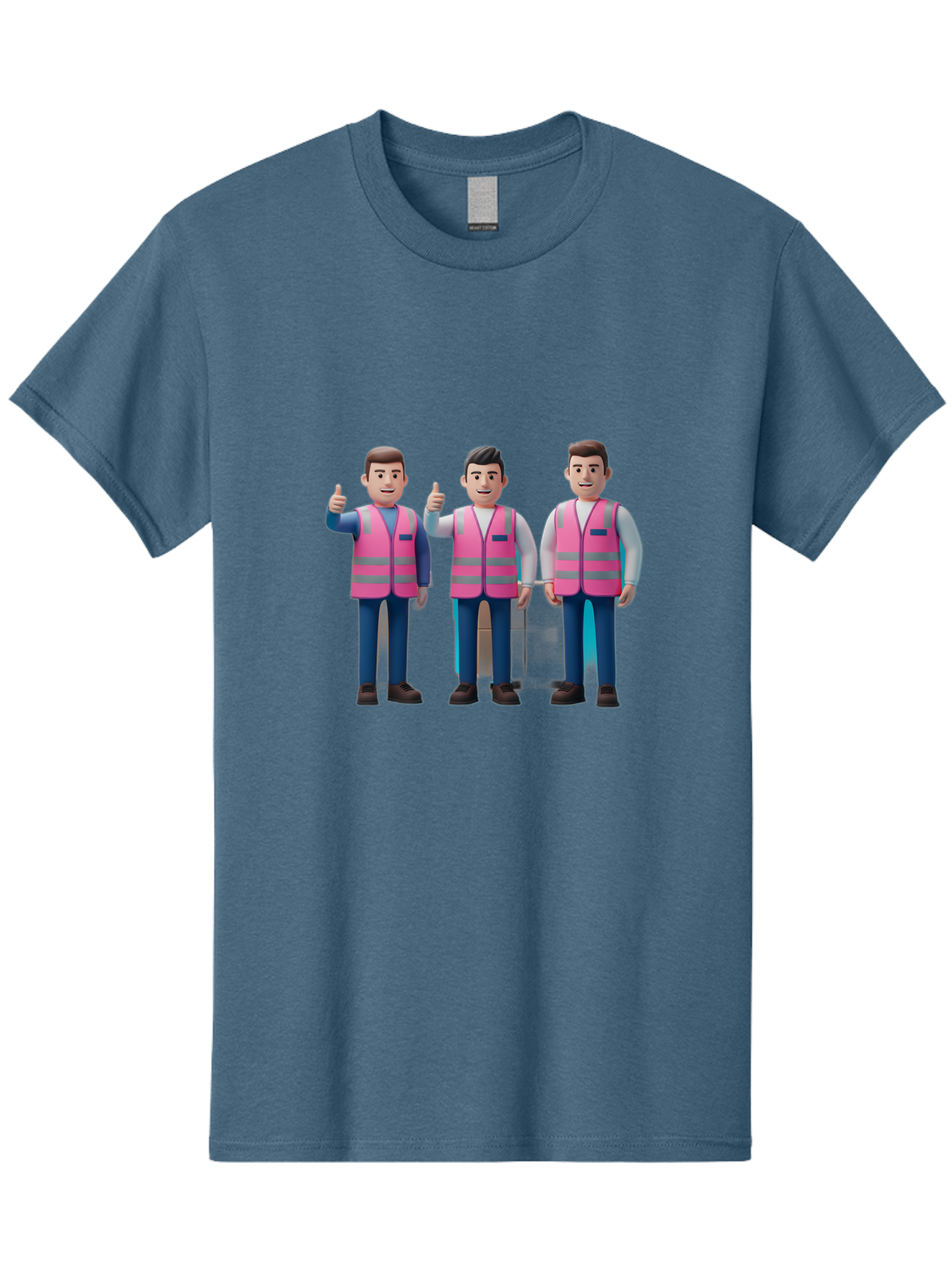 3D-Men-In-Safety-Vests Men'S Graphic Tee, 100% Cotton, Comfortable Casual Summer Wear, Machine Washable, Male Workers Wearing Pink Safety Vests, Construction Workers, 3D Illustration, Thumbs Up, Teamwork, Occupational Safety, Reflective Vests Bac575