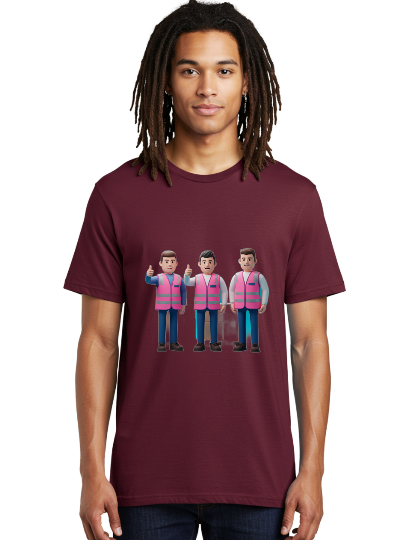 3D-Men-In-Safety-Vests Men'S Graphic Tee, 100% Cotton, Comfortable Casual Summer Wear, Machine Washable, Male Workers Wearing Pink Safety Vests, Construction Workers, 3D Illustration, Thumbs Up, Teamwork, Occupational Safety, Reflective Vests Bac575