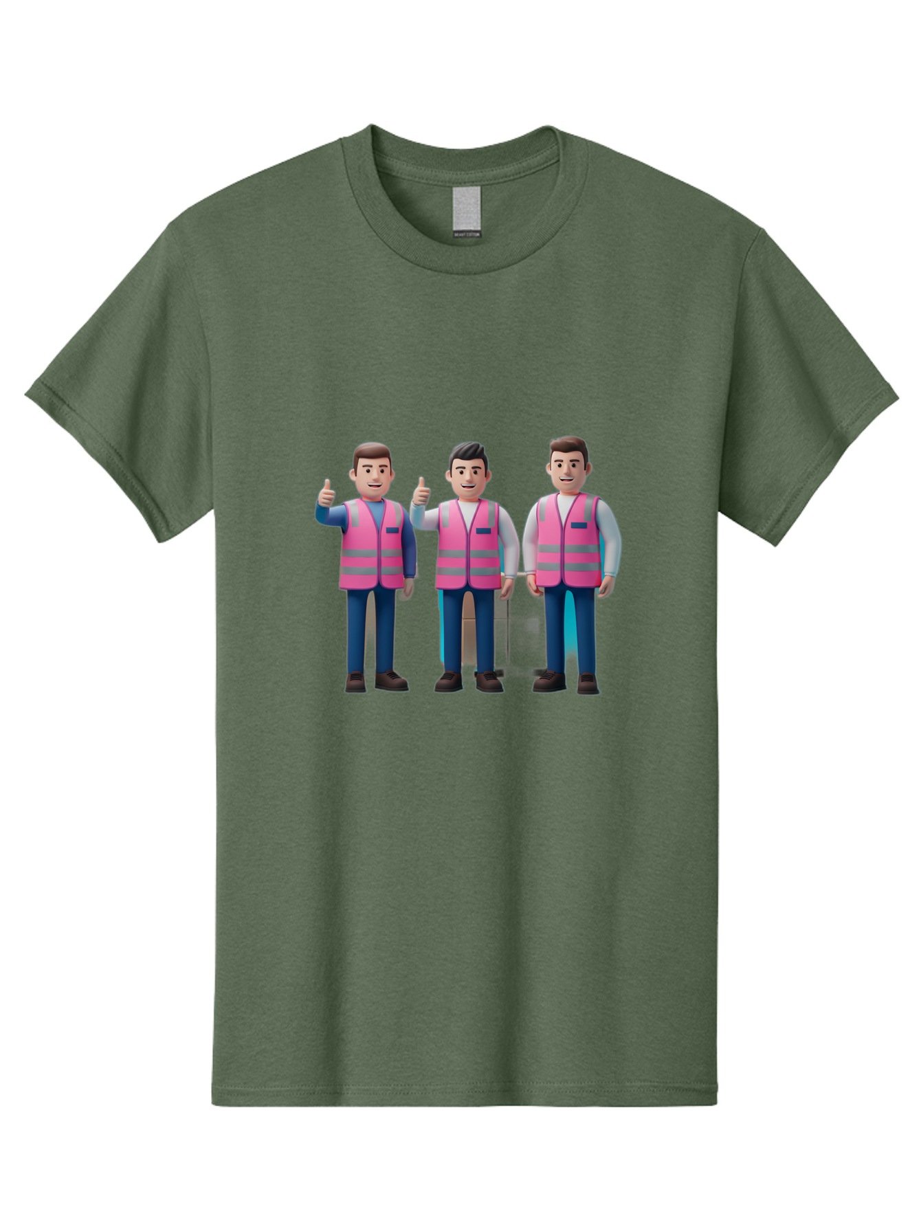 3D-Men-In-Safety-Vests Men'S Graphic Tee, 100% Cotton, Comfortable Casual Summer Wear, Machine Washable, Male Workers Wearing Pink Safety Vests, Construction Workers, 3D Illustration, Thumbs Up, Teamwork, Occupational Safety, Reflective Vests Bac575