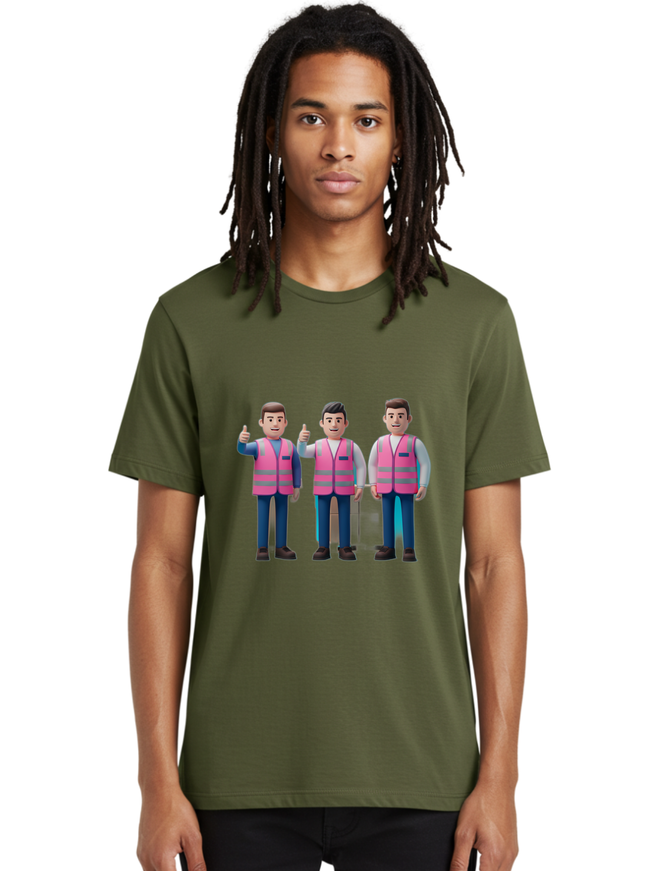 3D-Men-In-Safety-Vests Men'S Graphic Tee, 100% Cotton, Comfortable Casual Summer Wear, Machine Washable, Male Workers Wearing Pink Safety Vests, Construction Workers, 3D Illustration, Thumbs Up, Teamwork, Occupational Safety, Reflective Vests Bac575