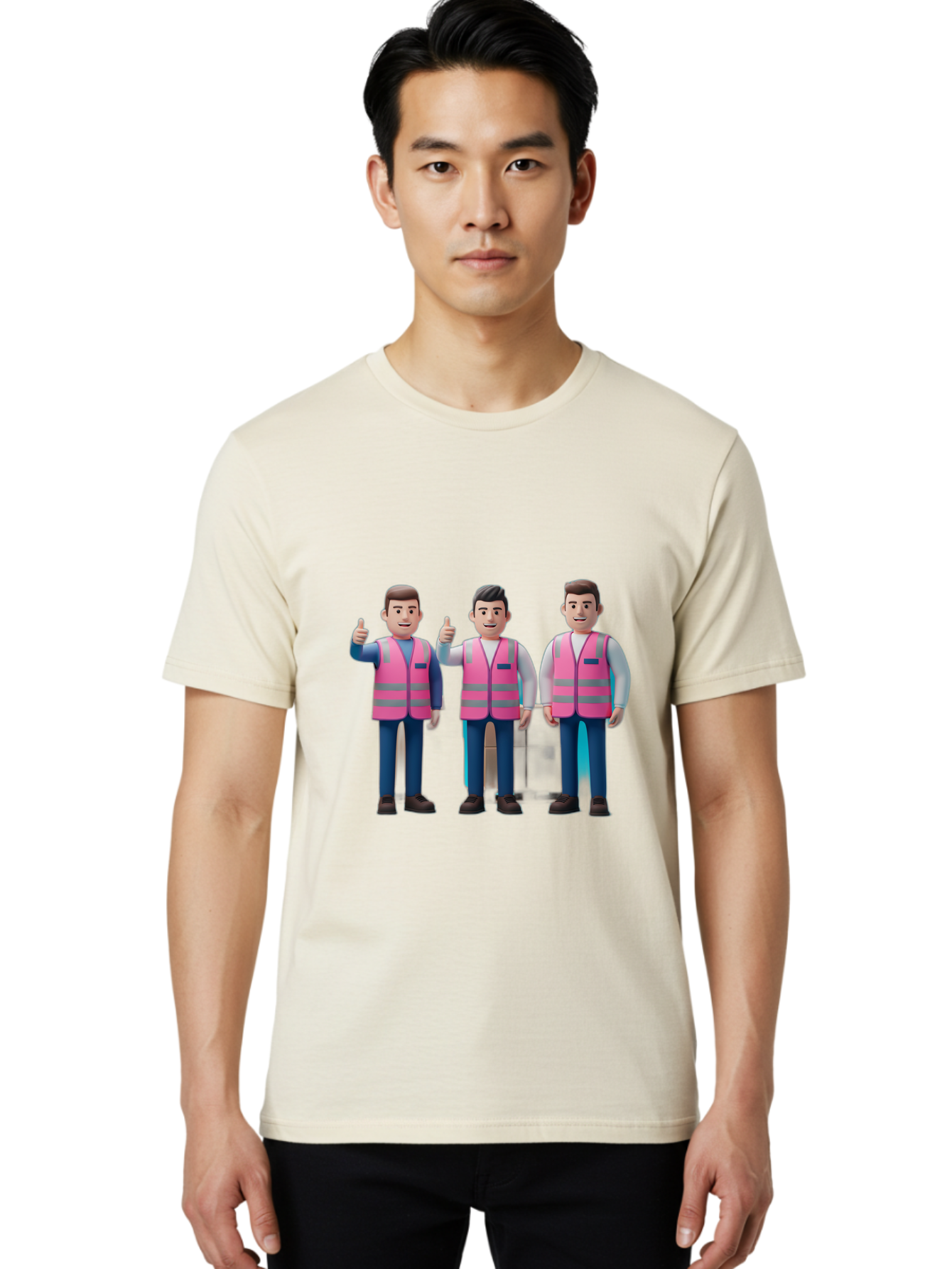 3D-Men-In-Safety-Vests Men'S Graphic Tee, 100% Cotton, Comfortable Casual Summer Wear, Machine Washable, Male Workers Wearing Pink Safety Vests, Construction Workers, 3D Illustration, Thumbs Up, Teamwork, Occupational Safety, Reflective Vests Bac575