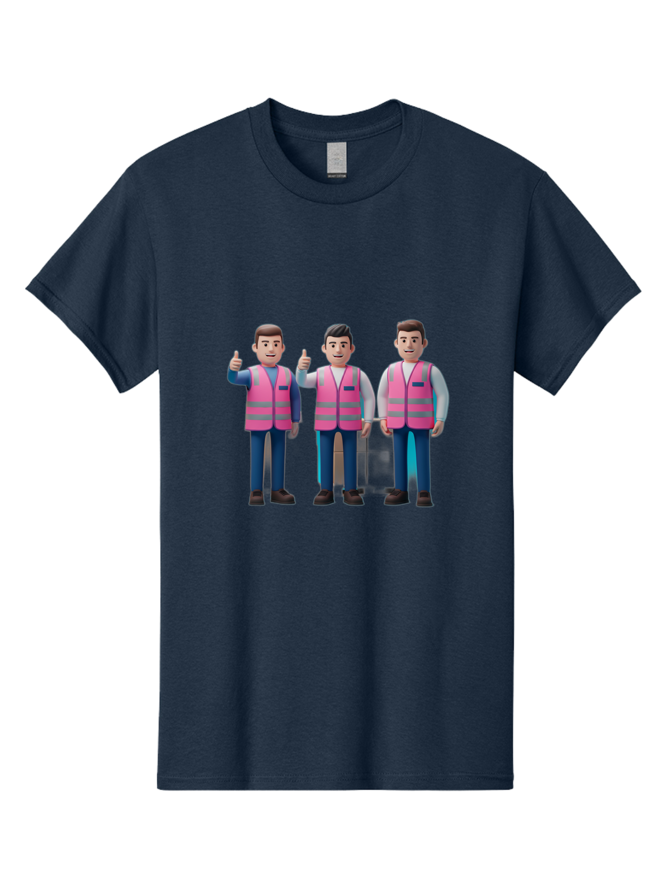 3D-Men-In-Safety-Vests Men'S Graphic Tee, 100% Cotton, Comfortable Casual Summer Wear, Machine Washable, Male Workers Wearing Pink Safety Vests, Construction Workers, 3D Illustration, Thumbs Up, Teamwork, Occupational Safety, Reflective Vests Bac575