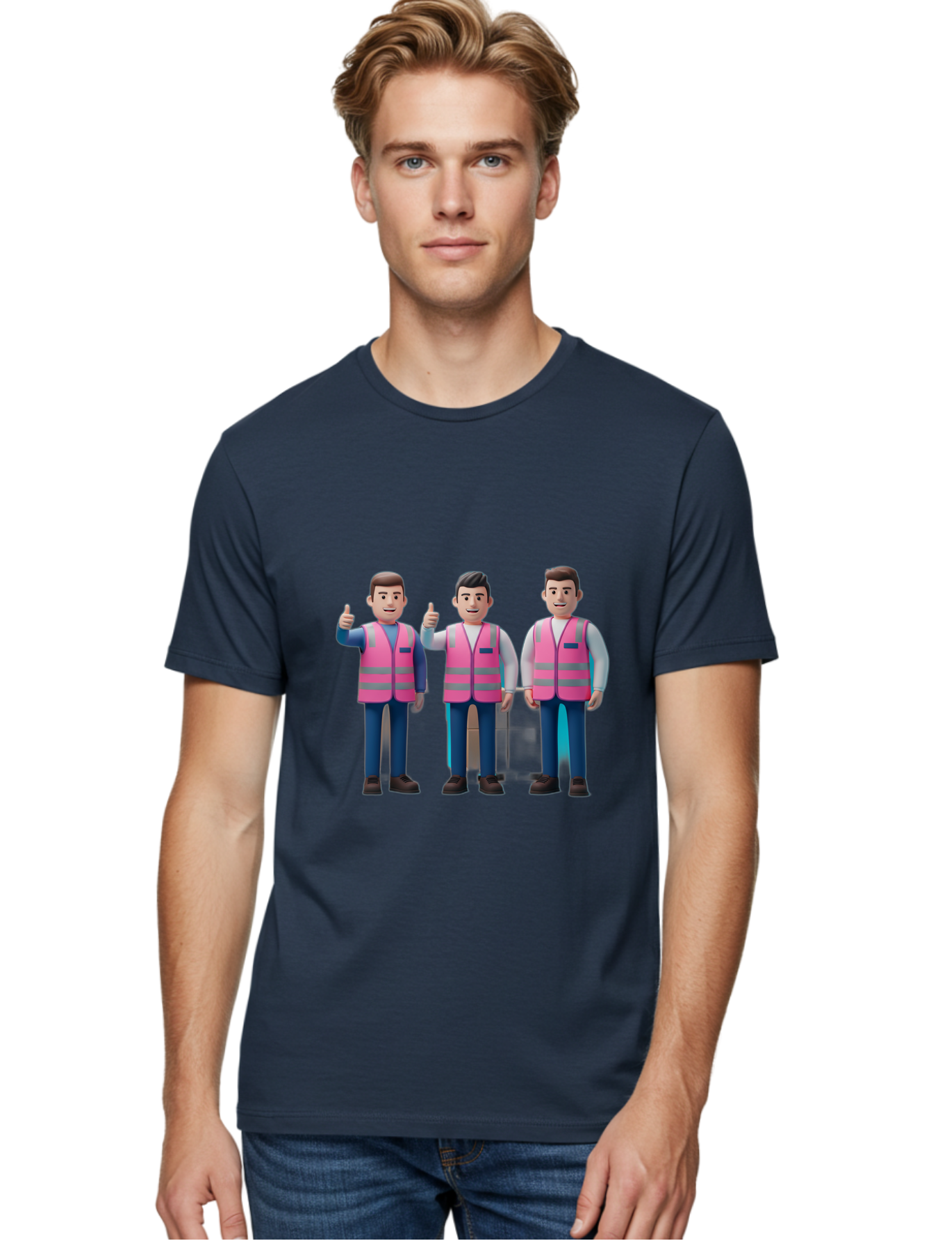 3D-Men-In-Safety-Vests Men'S Graphic Tee, 100% Cotton, Comfortable Casual Summer Wear, Machine Washable, Male Workers Wearing Pink Safety Vests, Construction Workers, 3D Illustration, Thumbs Up, Teamwork, Occupational Safety, Reflective Vests Bac575