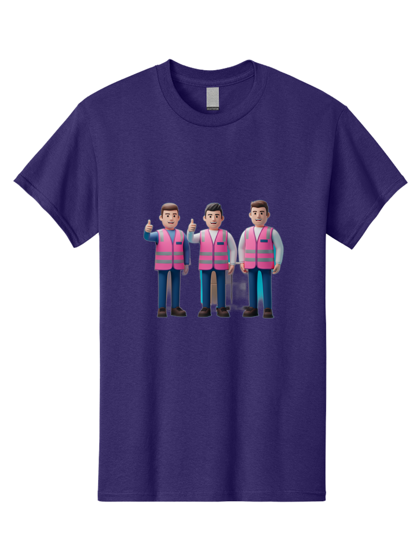 3D-Men-In-Safety-Vests Men'S Graphic Tee, 100% Cotton, Comfortable Casual Summer Wear, Machine Washable, Male Workers Wearing Pink Safety Vests, Construction Workers, 3D Illustration, Thumbs Up, Teamwork, Occupational Safety, Reflective Vests Bac575