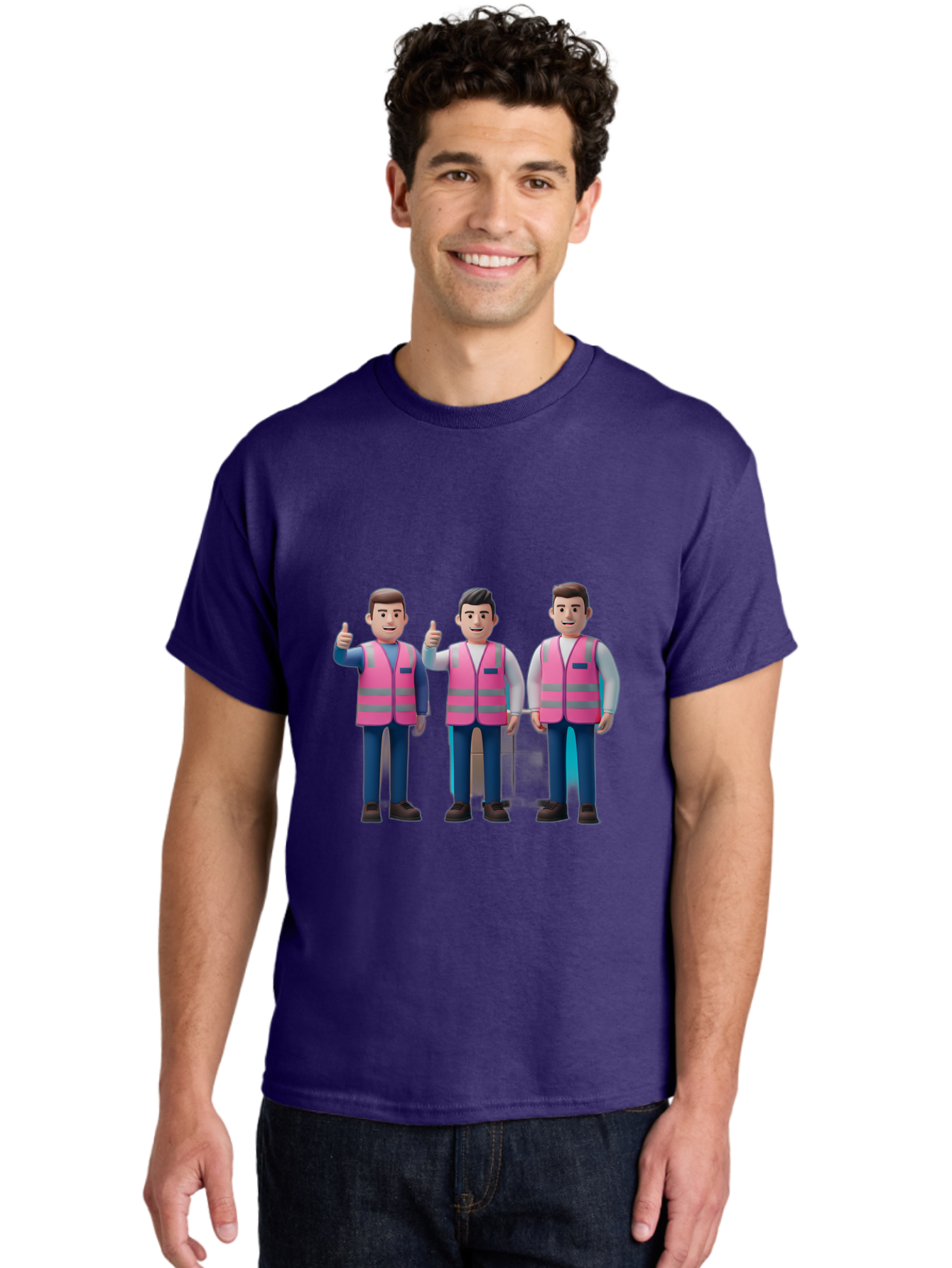 3D-Men-In-Safety-Vests Men'S Graphic Tee, 100% Cotton, Comfortable Casual Summer Wear, Machine Washable, Male Workers Wearing Pink Safety Vests, Construction Workers, 3D Illustration, Thumbs Up, Teamwork, Occupational Safety, Reflective Vests Bac575