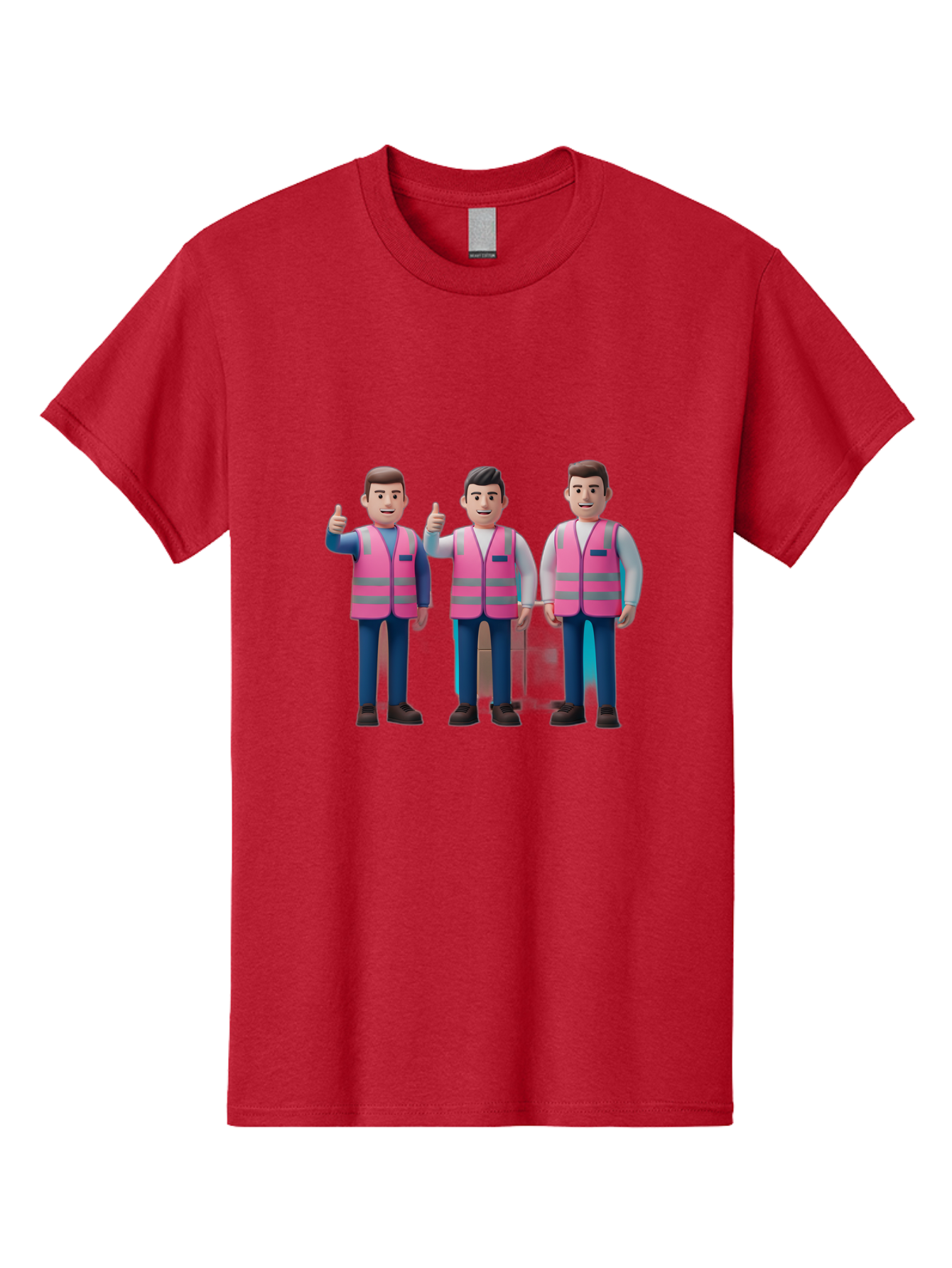 3D-Men-In-Safety-Vests Men'S Graphic Tee, 100% Cotton, Comfortable Casual Summer Wear, Machine Washable, Male Workers Wearing Pink Safety Vests, Construction Workers, 3D Illustration, Thumbs Up, Teamwork, Occupational Safety, Reflective Vests Bac575