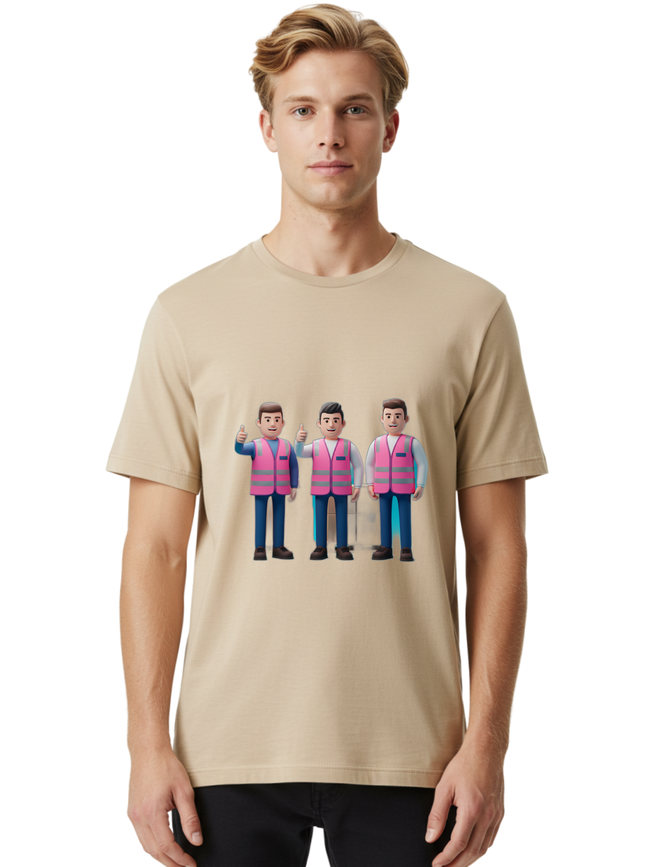 3D-Men-In-Safety-Vests Men'S Graphic Tee, 100% Cotton, Comfortable Casual Summer Wear, Machine Washable, Male Workers Wearing Pink Safety Vests, Construction Workers, 3D Illustration, Thumbs Up, Teamwork, Occupational Safety, Reflective Vests Bac575