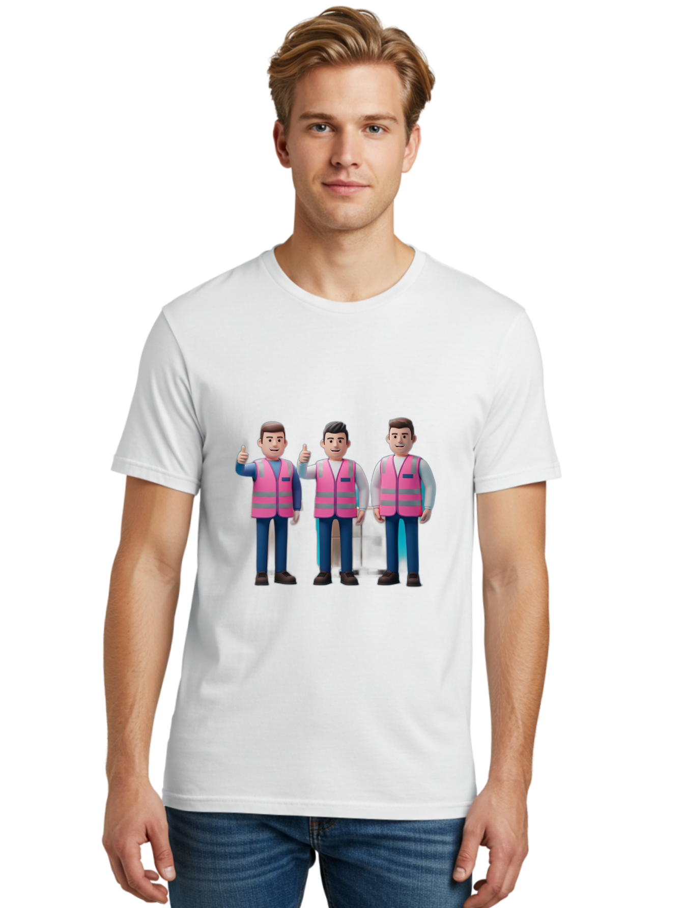 3D-Men-In-Safety-Vests Men'S Graphic Tee, 100% Cotton, Comfortable Casual Summer Wear, Machine Washable, Male Workers Wearing Pink Safety Vests, Construction Workers, 3D Illustration, Thumbs Up, Teamwork, Occupational Safety, Reflective Vests Bac575