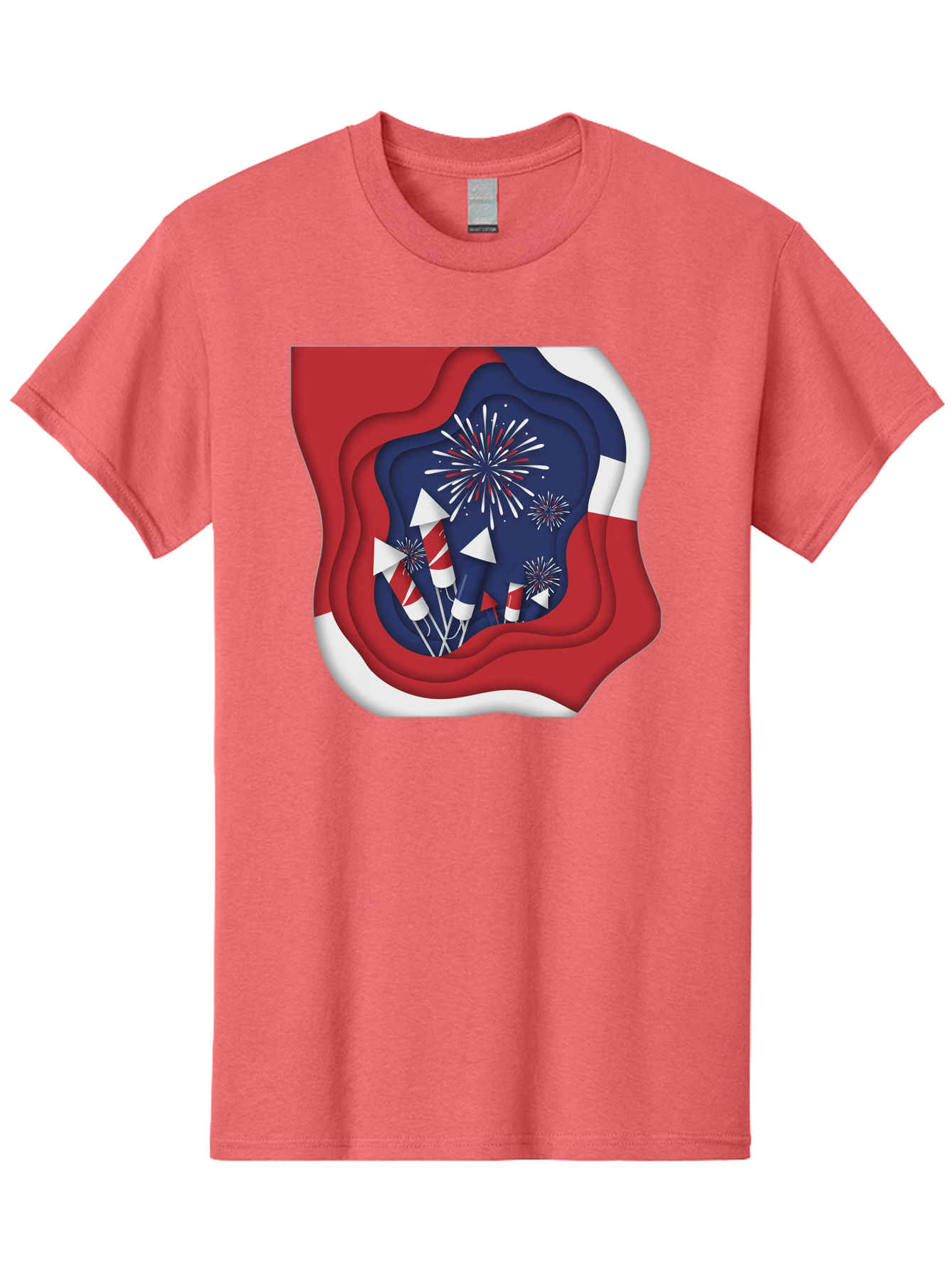 4Th-Of-July-Fireworks Men'S Graphic Tee, 100% Cotton, Comfortable Casual Summer Wear, Machine Washable, 4Th Of July Celebration, Fireworks Display, Patriotic Decor, Red White And Blue, Independence Day, Festive Atmosphere, Layered Paper Art, Bac578