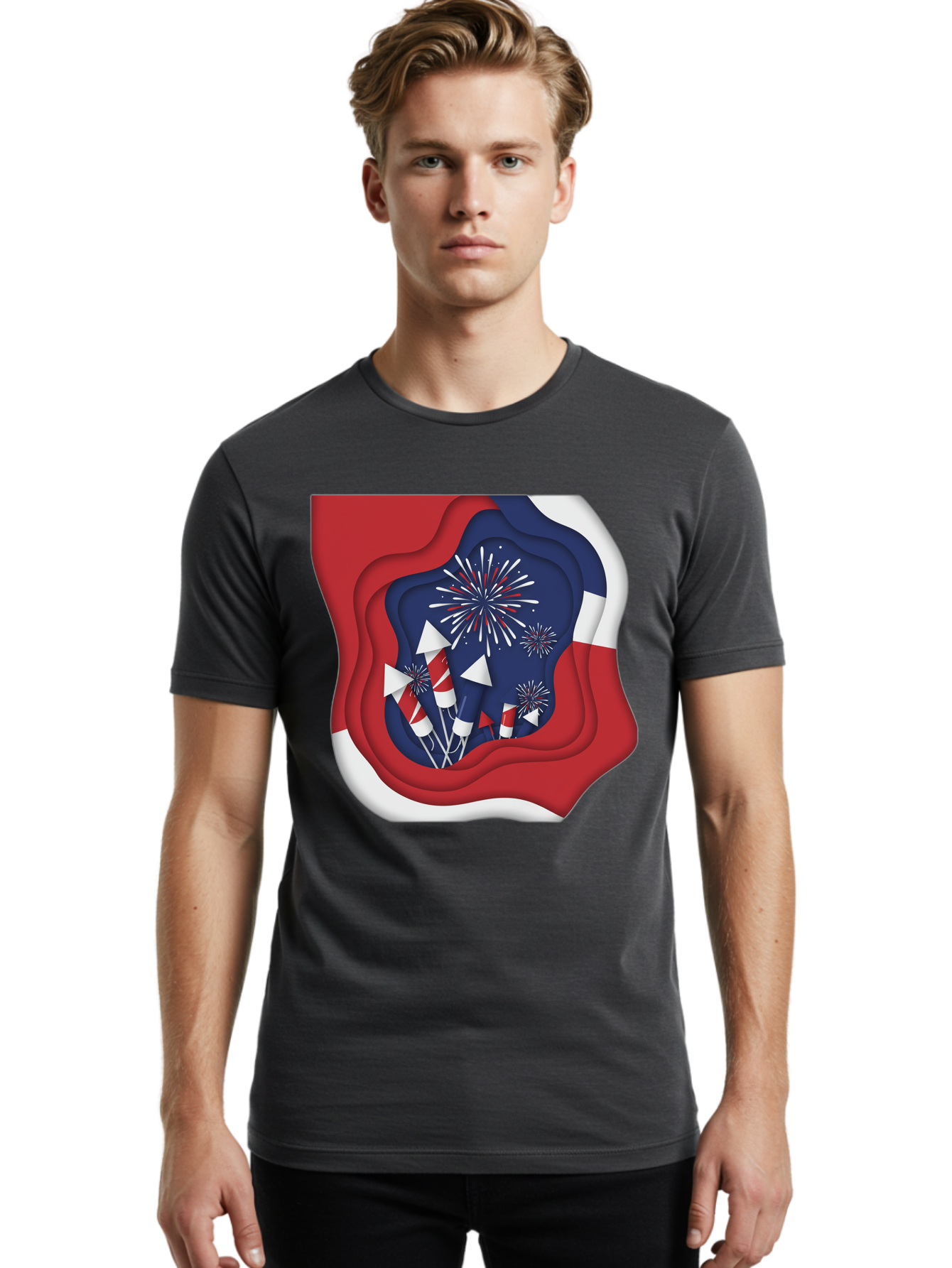 4Th-Of-July-Fireworks Men'S Graphic Tee, 100% Cotton, Comfortable Casual Summer Wear, Machine Washable, 4Th Of July Celebration, Fireworks Display, Patriotic Decor, Red White And Blue, Independence Day, Festive Atmosphere, Layered Paper Art, Bac578