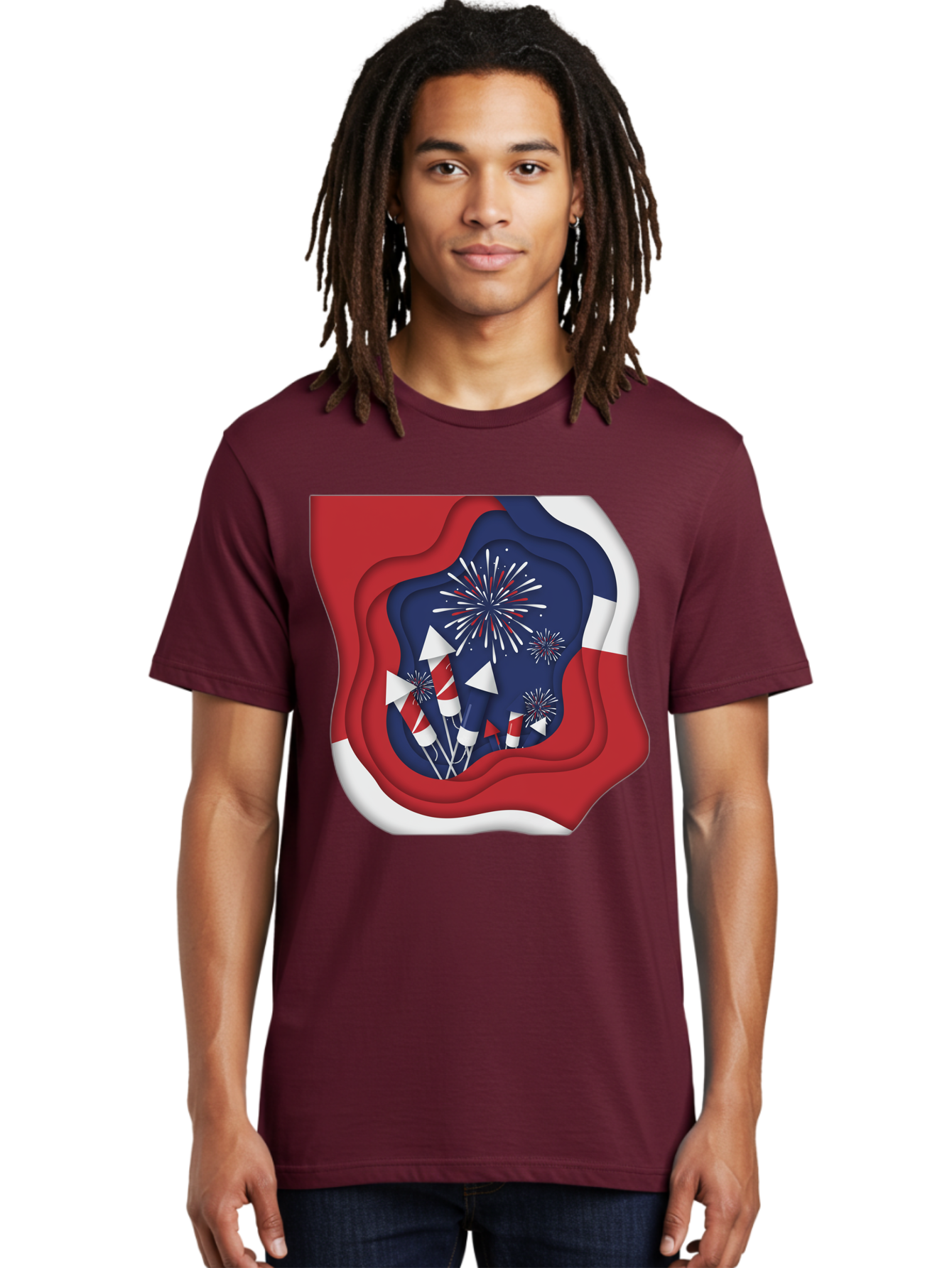 4Th-Of-July-Fireworks Men'S Graphic Tee, 100% Cotton, Comfortable Casual Summer Wear, Machine Washable, 4Th Of July Celebration, Fireworks Display, Patriotic Decor, Red White And Blue, Independence Day, Festive Atmosphere, Layered Paper Art, Bac578