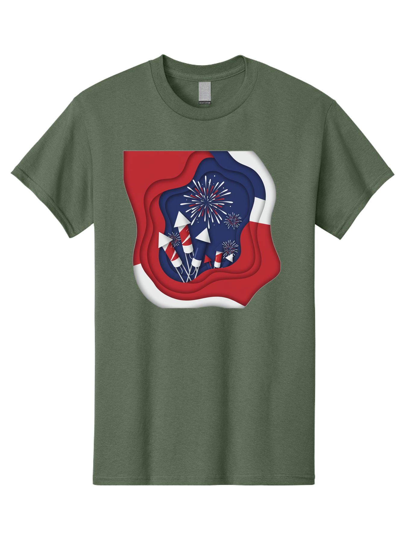 4Th-Of-July-Fireworks Men'S Graphic Tee, 100% Cotton, Comfortable Casual Summer Wear, Machine Washable, 4Th Of July Celebration, Fireworks Display, Patriotic Decor, Red White And Blue, Independence Day, Festive Atmosphere, Layered Paper Art, Bac578