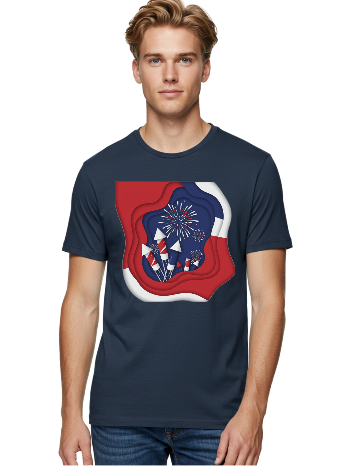 4Th-Of-July-Fireworks Men'S Graphic Tee, 100% Cotton, Comfortable Casual Summer Wear, Machine Washable, 4Th Of July Celebration, Fireworks Display, Patriotic Decor, Red White And Blue, Independence Day, Festive Atmosphere, Layered Paper Art, Bac578
