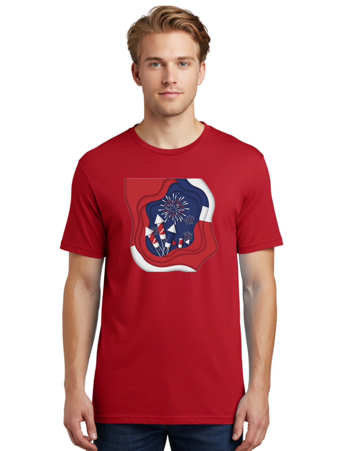 4Th-Of-July-Fireworks Men'S Graphic Tee, 100% Cotton, Comfortable Casual Summer Wear, Machine Washable, 4Th Of July Celebration, Fireworks Display, Patriotic Decor, Red White And Blue, Independence Day, Festive Atmosphere, Layered Paper Art, Bac578