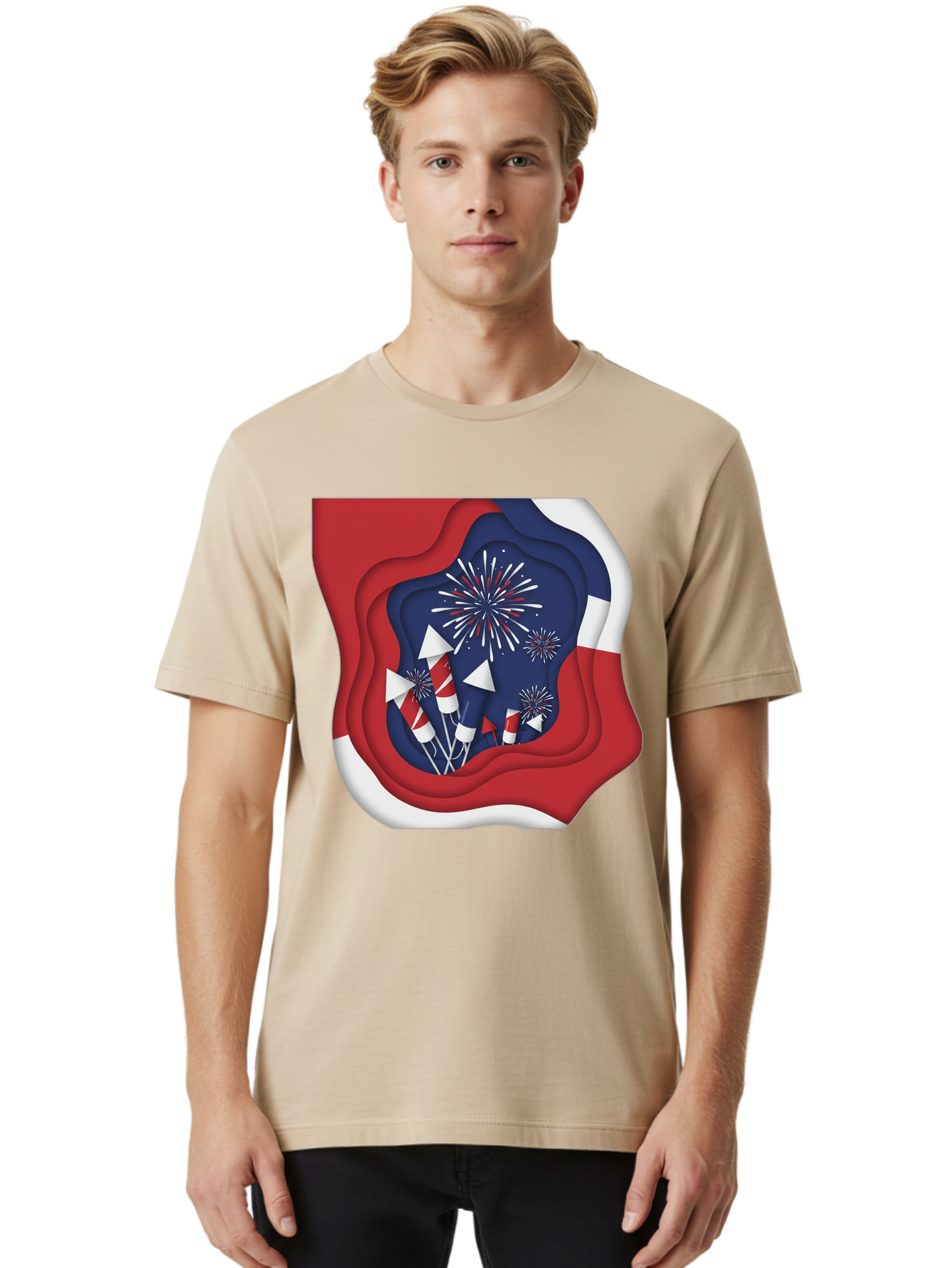 4Th-Of-July-Fireworks Men'S Graphic Tee, 100% Cotton, Comfortable Casual Summer Wear, Machine Washable, 4Th Of July Celebration, Fireworks Display, Patriotic Decor, Red White And Blue, Independence Day, Festive Atmosphere, Layered Paper Art, Bac578