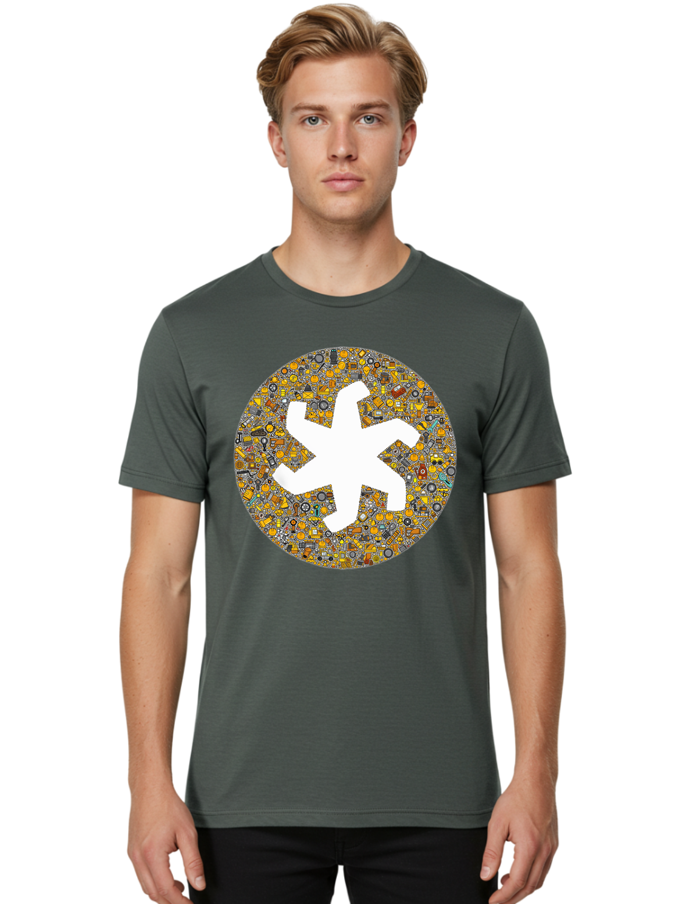 Airplane-Silhouette-Mosaic Men'S Graphic Tee, 100% Cotton, Comfortable Casual Summer Wear, Machine Washable, Airplane Silhouette, Yellow And Gray Mosaic, Machinery Parts, Industrial Theme, Creative Design, Travel Concept, Abstract Art, Bac581