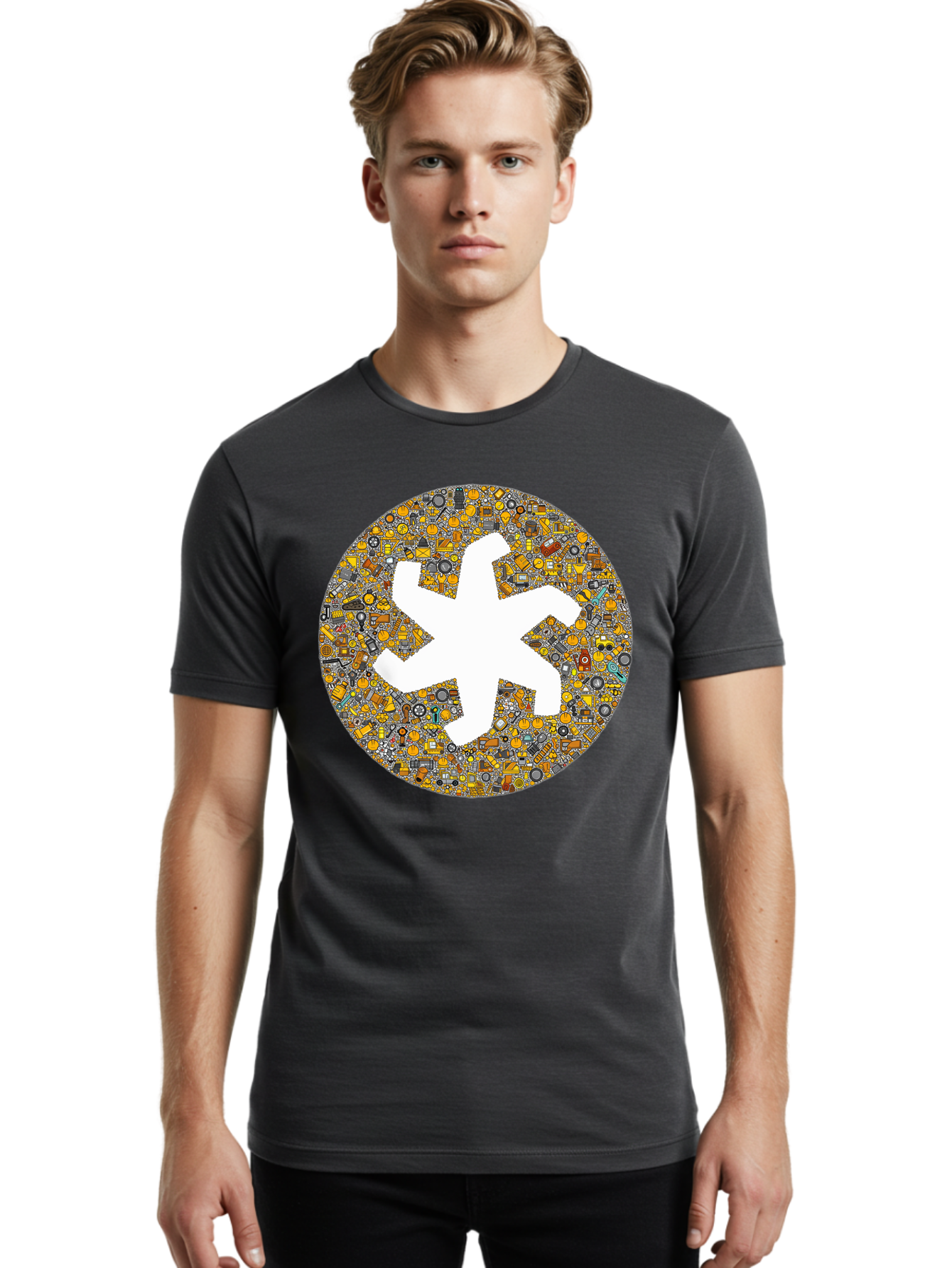 Airplane-Silhouette-Mosaic Men'S Graphic Tee, 100% Cotton, Comfortable Casual Summer Wear, Machine Washable, Airplane Silhouette, Yellow And Gray Mosaic, Machinery Parts, Industrial Theme, Creative Design, Travel Concept, Abstract Art, Bac581