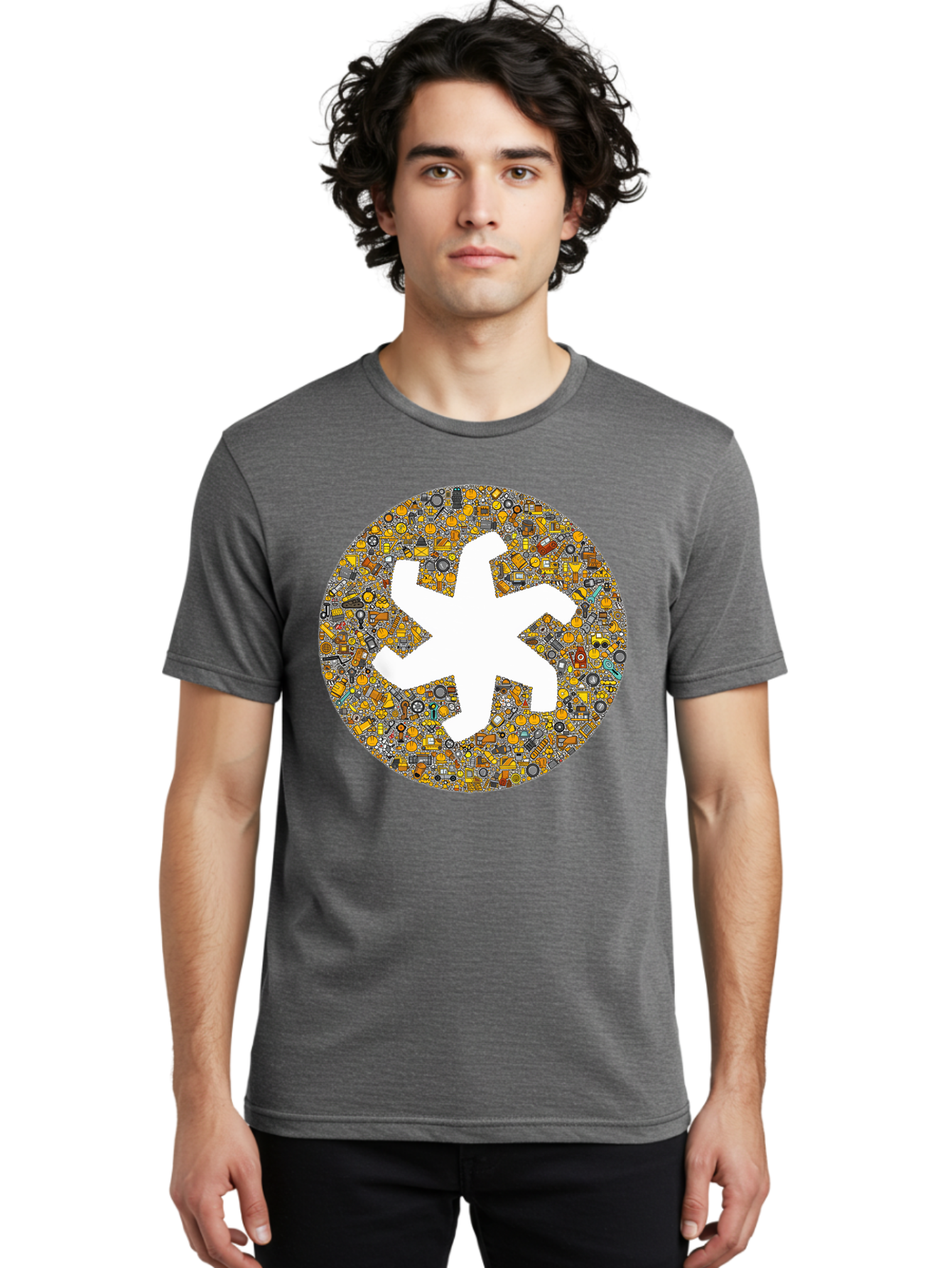 Airplane-Silhouette-Mosaic Men'S Graphic Tee, 100% Cotton, Comfortable Casual Summer Wear, Machine Washable, Airplane Silhouette, Yellow And Gray Mosaic, Machinery Parts, Industrial Theme, Creative Design, Travel Concept, Abstract Art, Bac581