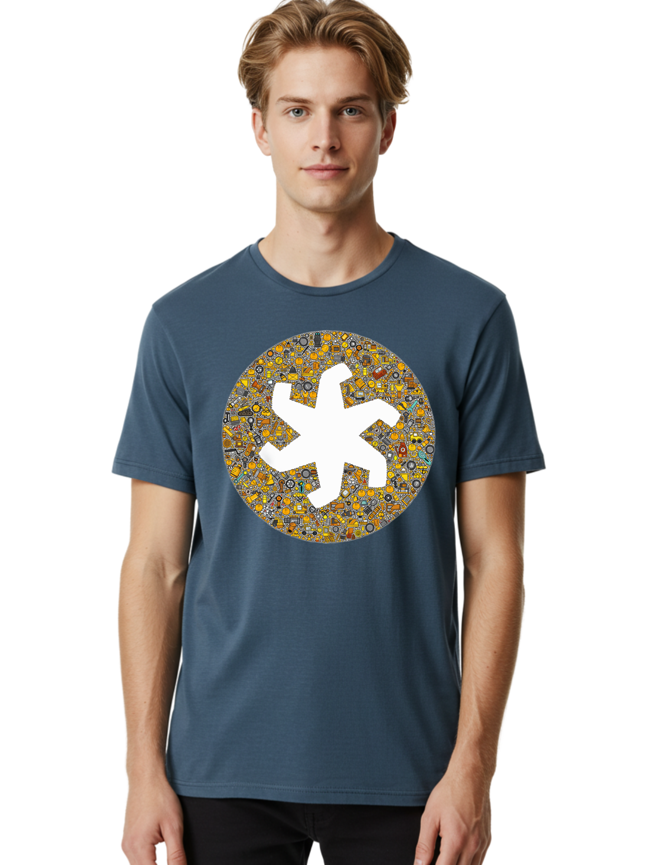Airplane-Silhouette-Mosaic Men'S Graphic Tee, 100% Cotton, Comfortable Casual Summer Wear, Machine Washable, Airplane Silhouette, Yellow And Gray Mosaic, Machinery Parts, Industrial Theme, Creative Design, Travel Concept, Abstract Art, Bac581