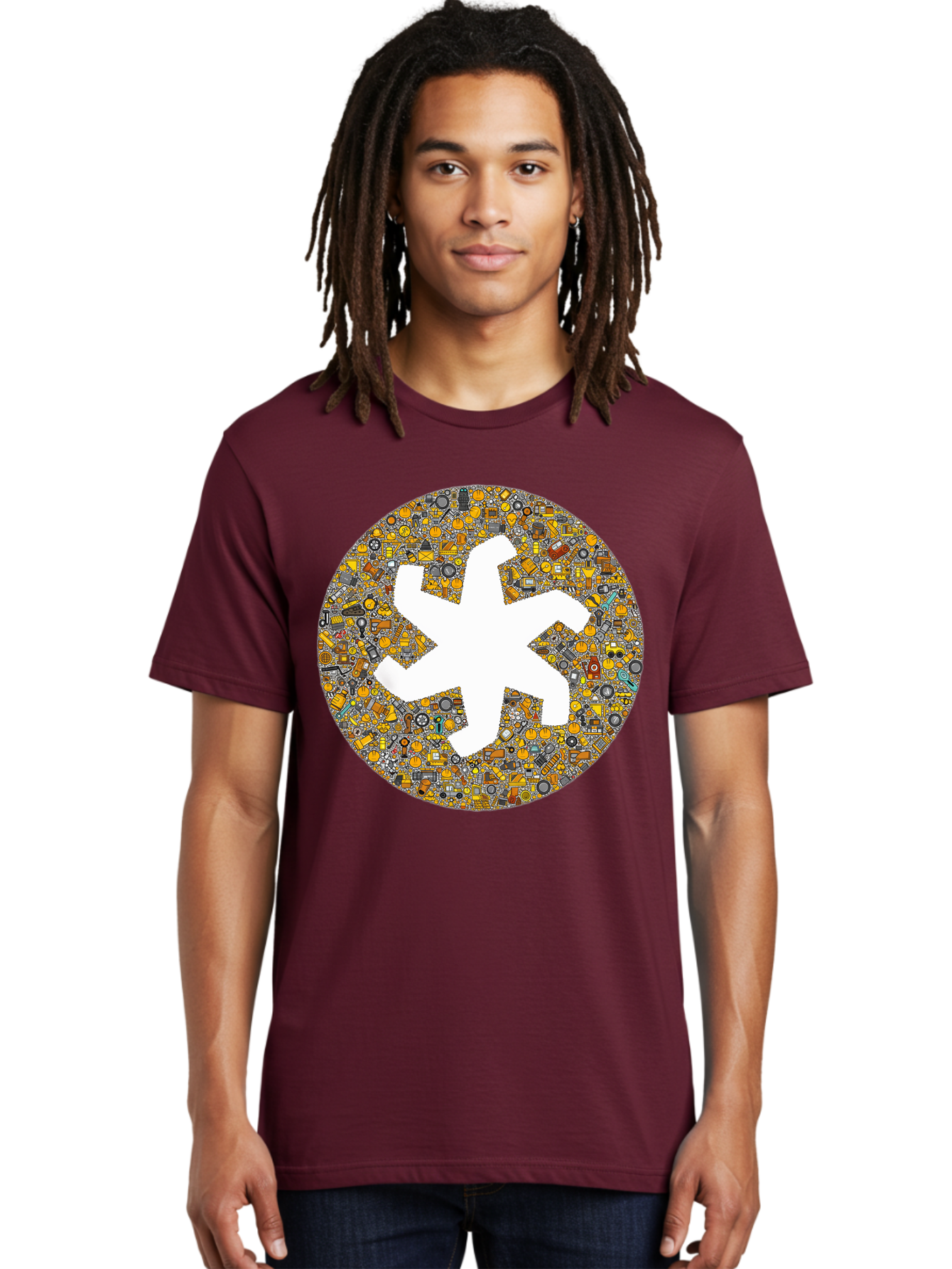 Airplane-Silhouette-Mosaic Men'S Graphic Tee, 100% Cotton, Comfortable Casual Summer Wear, Machine Washable, Airplane Silhouette, Yellow And Gray Mosaic, Machinery Parts, Industrial Theme, Creative Design, Travel Concept, Abstract Art, Bac581