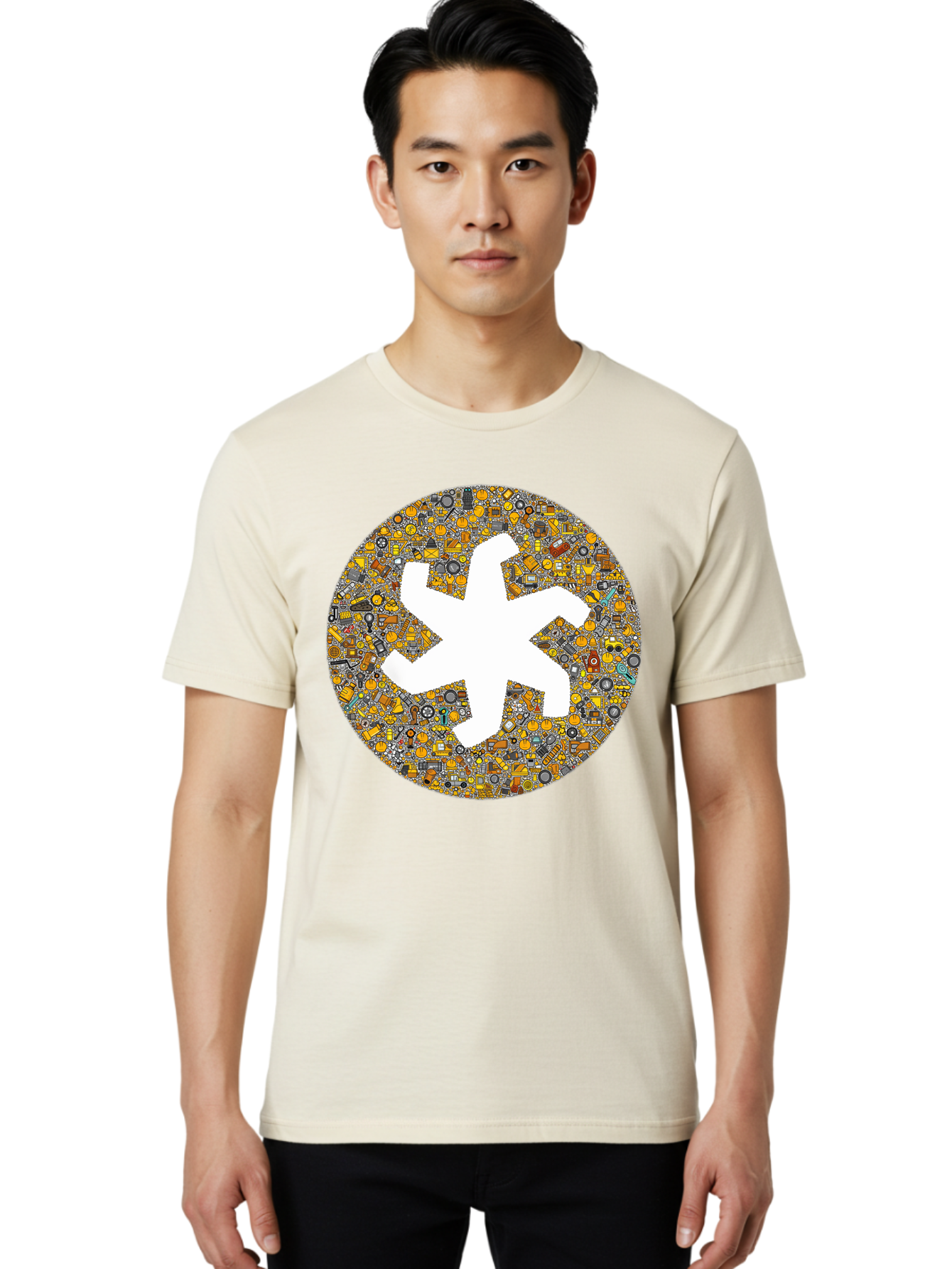 Airplane-Silhouette-Mosaic Men'S Graphic Tee, 100% Cotton, Comfortable Casual Summer Wear, Machine Washable, Airplane Silhouette, Yellow And Gray Mosaic, Machinery Parts, Industrial Theme, Creative Design, Travel Concept, Abstract Art, Bac581