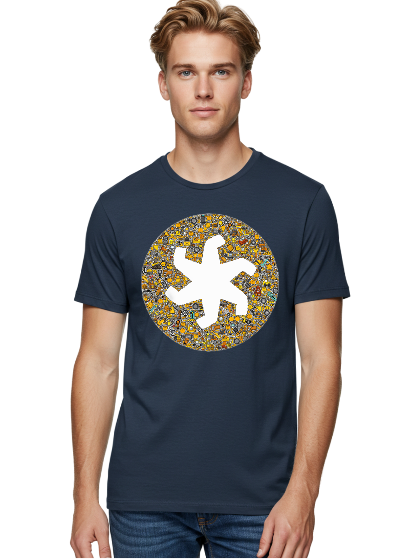Airplane-Silhouette-Mosaic Men'S Graphic Tee, 100% Cotton, Comfortable Casual Summer Wear, Machine Washable, Airplane Silhouette, Yellow And Gray Mosaic, Machinery Parts, Industrial Theme, Creative Design, Travel Concept, Abstract Art, Bac581
