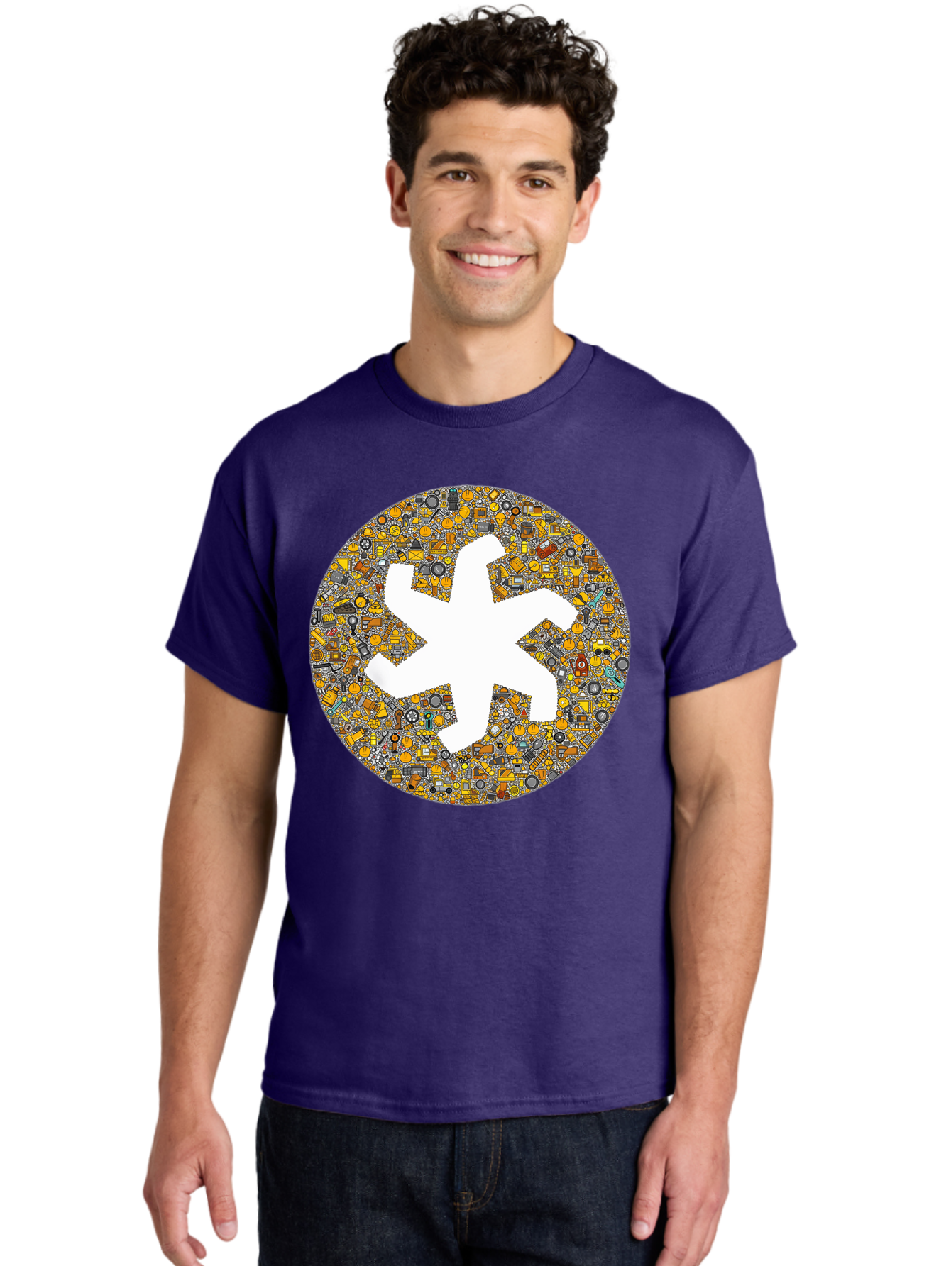 Airplane-Silhouette-Mosaic Men'S Graphic Tee, 100% Cotton, Comfortable Casual Summer Wear, Machine Washable, Airplane Silhouette, Yellow And Gray Mosaic, Machinery Parts, Industrial Theme, Creative Design, Travel Concept, Abstract Art, Bac581